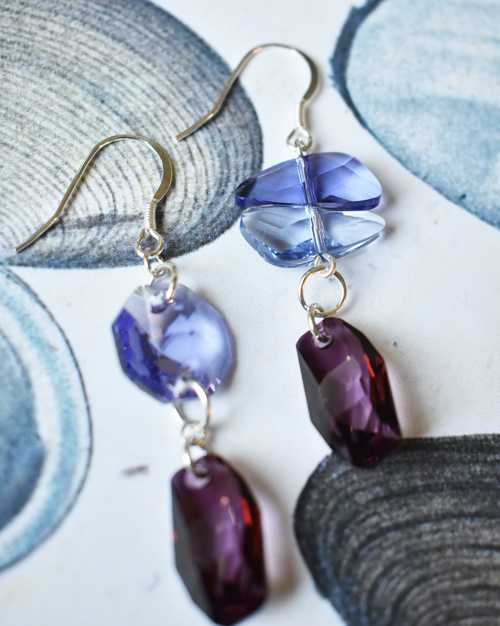 'Lilac & Plum' Asymmetrical Crystal Earrings