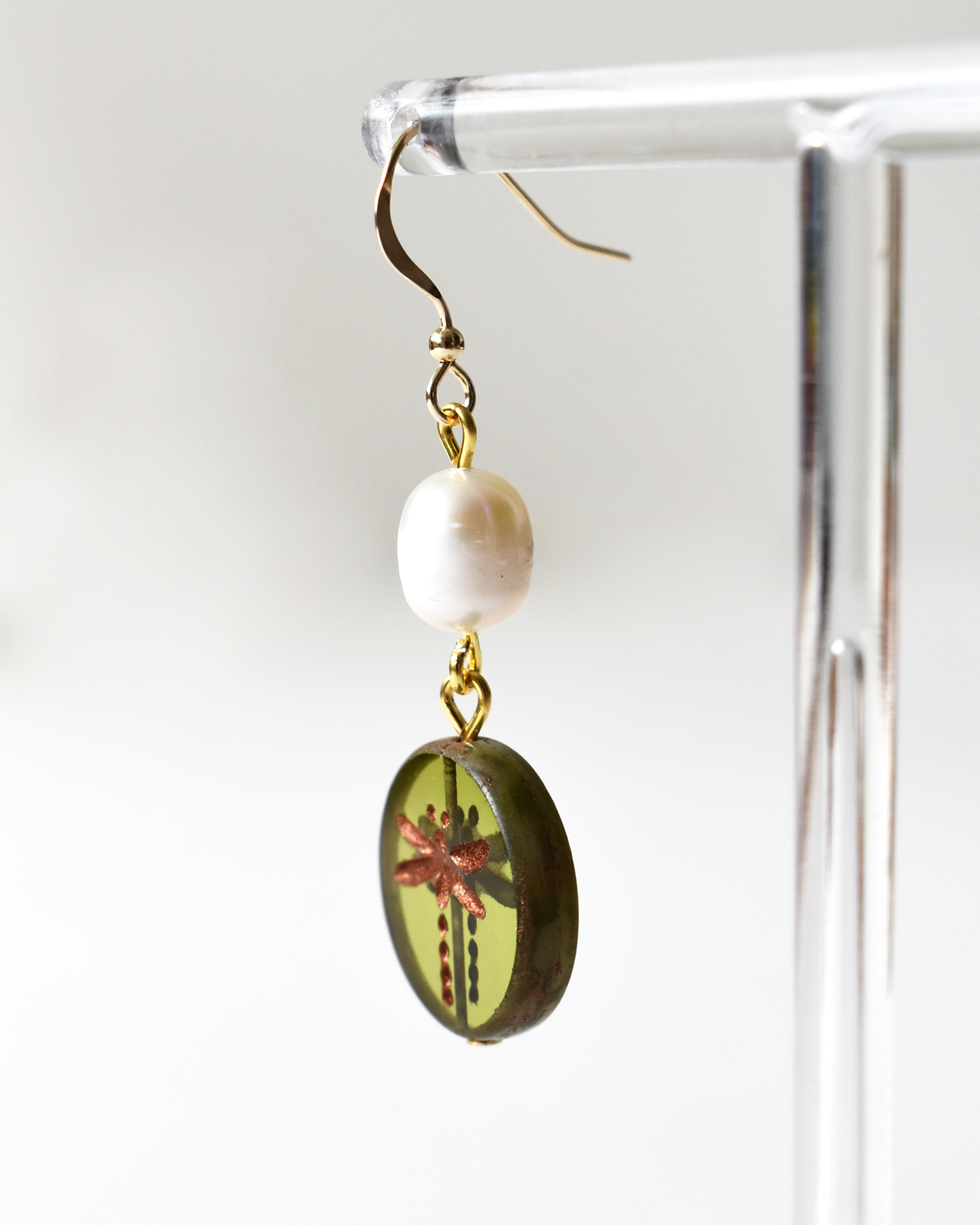Dragonfly Drop Pearl Hook Earrings