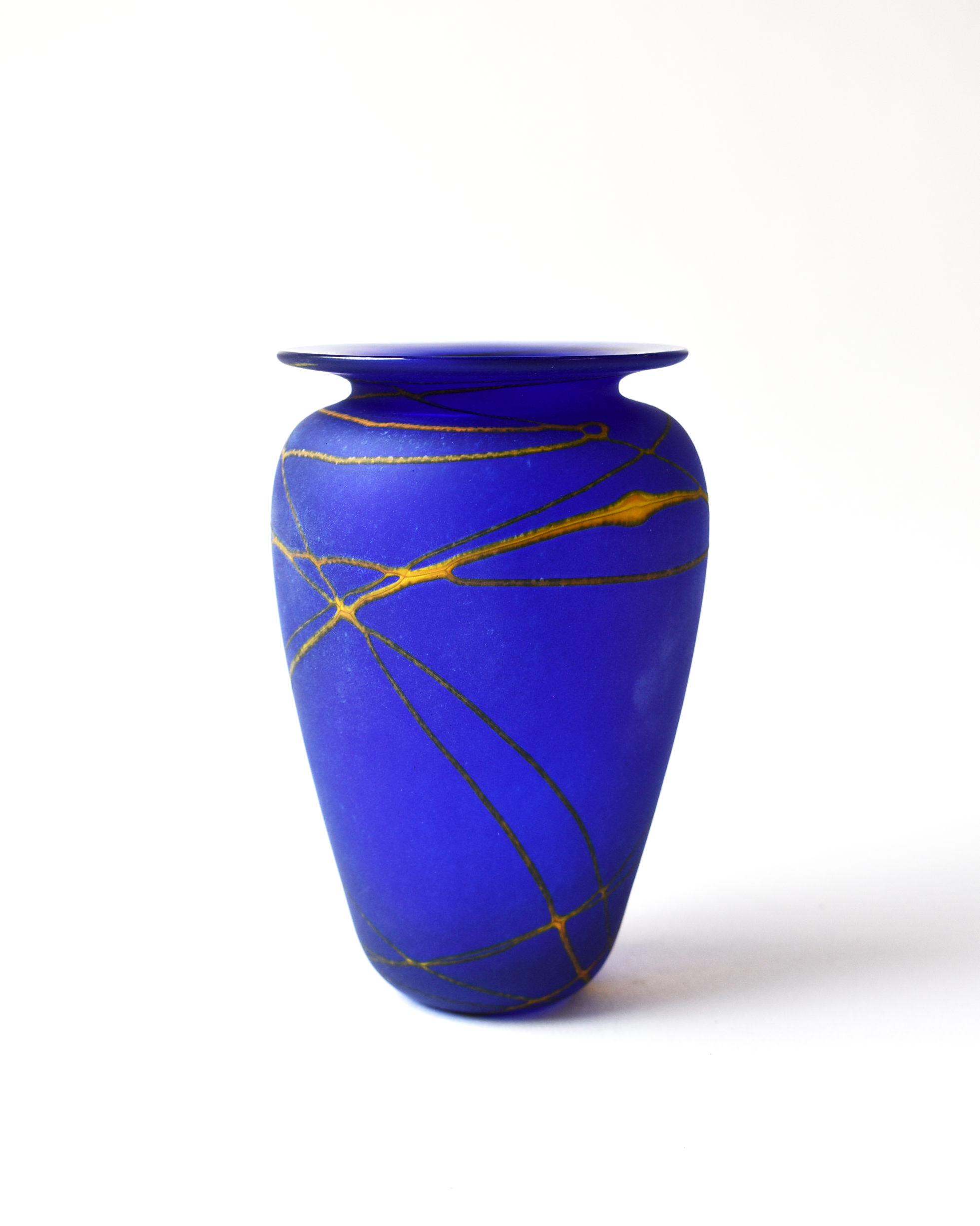 Handblown Bright Blue & Amber Stripe Glass Vase