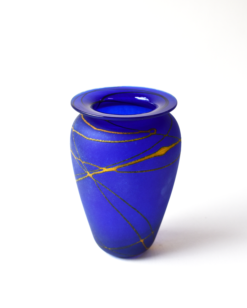 Handblown Bright Blue & Amber Stripe Glass Vase
