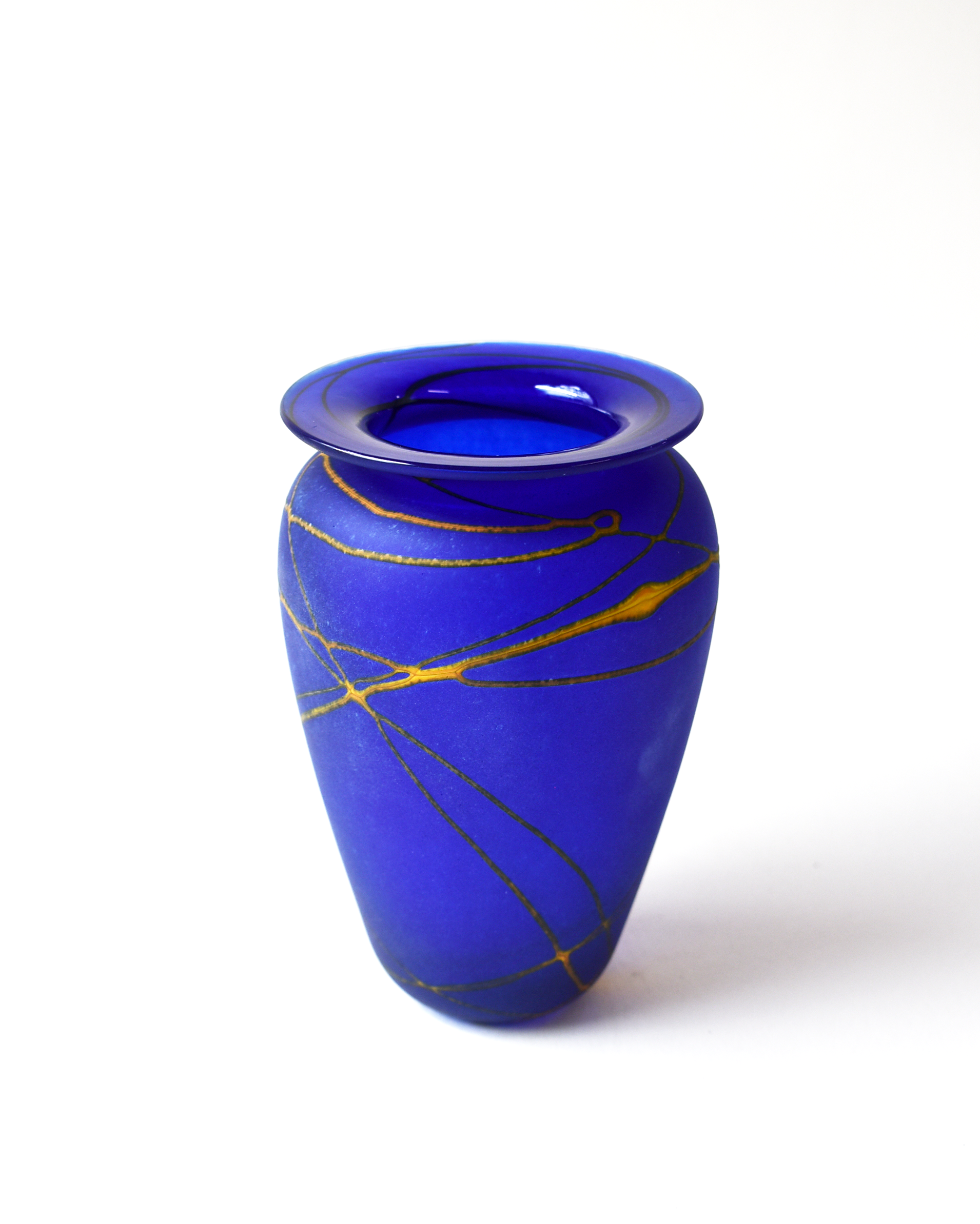 Handblown Bright Blue & Amber Stripe Glass Vase