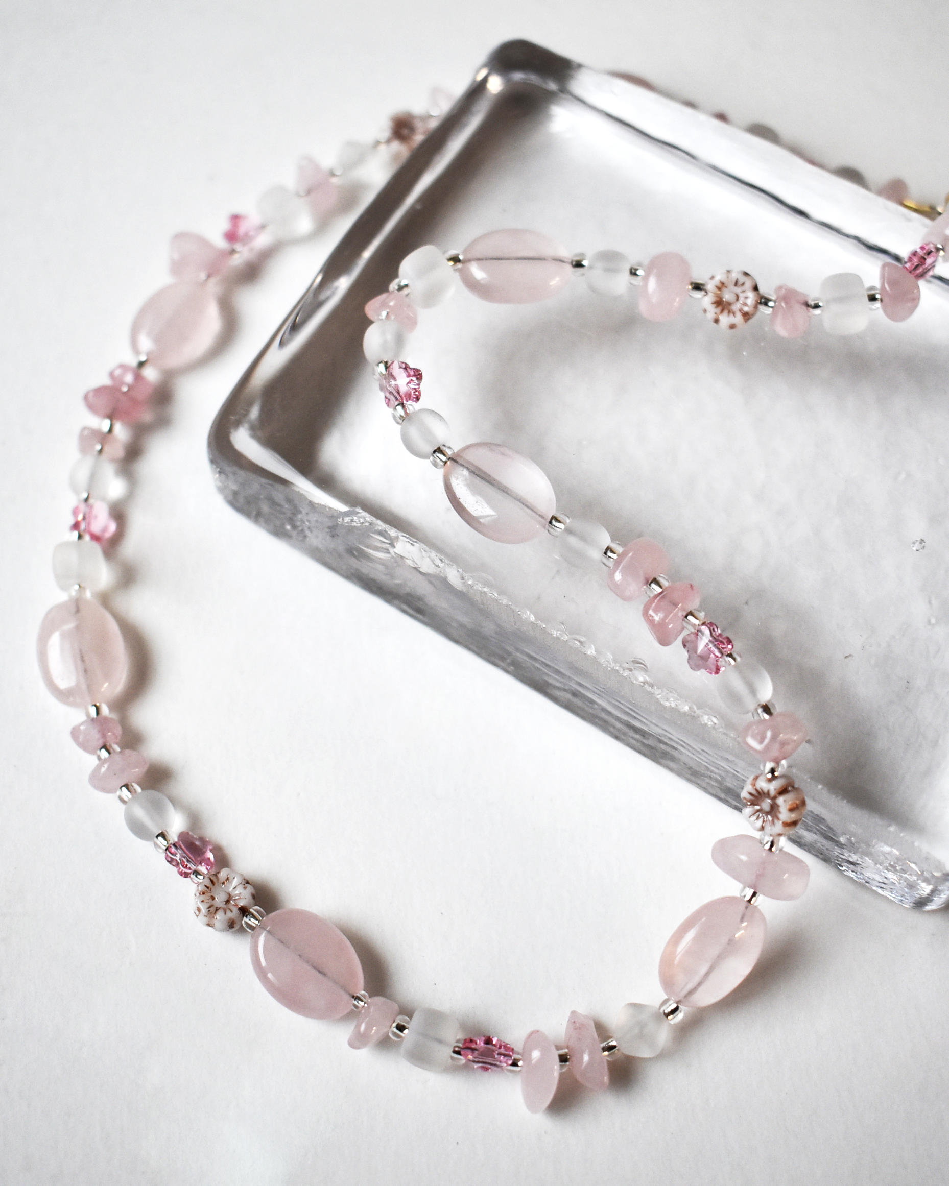 Soft Pink Rose Quartz Floral Necklace