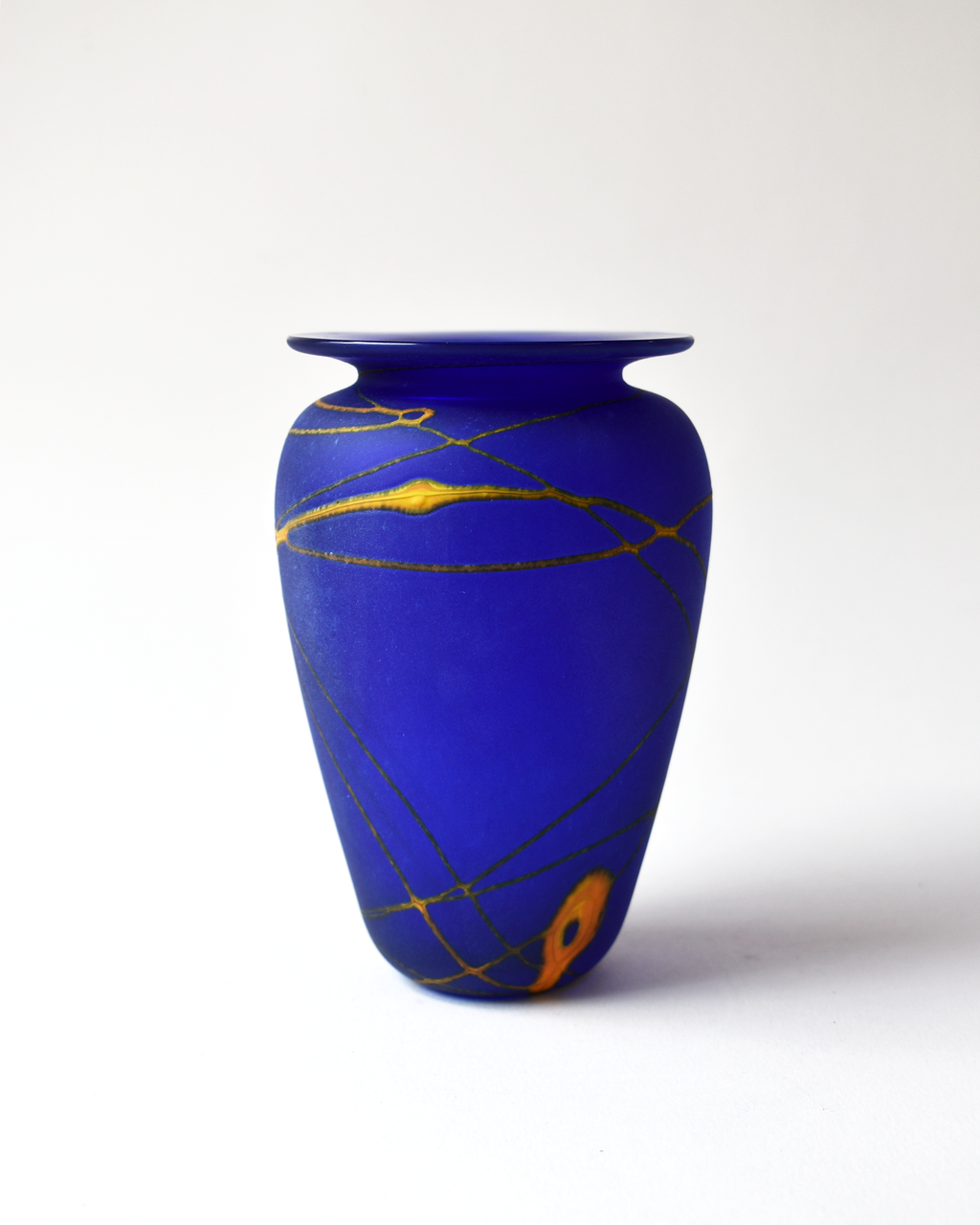 Handblown Bright Blue & Amber Stripe Glass Vase
