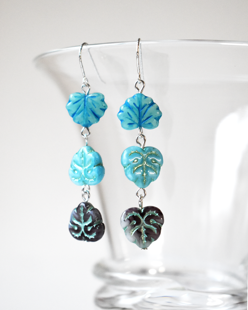 Blue Shimmer Pressed Glass Leaf Earrings