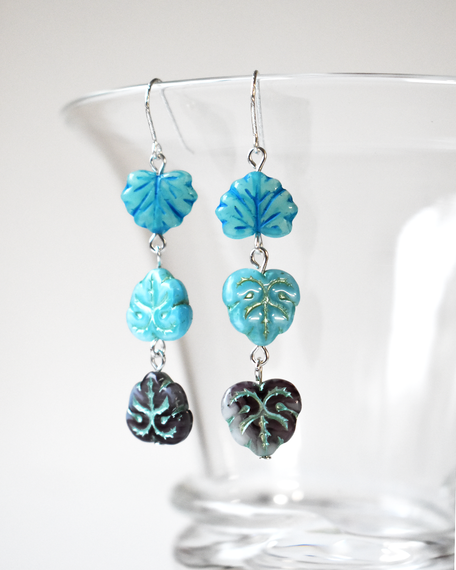 Blue Shimmer Pressed Glass Leaf Earrings