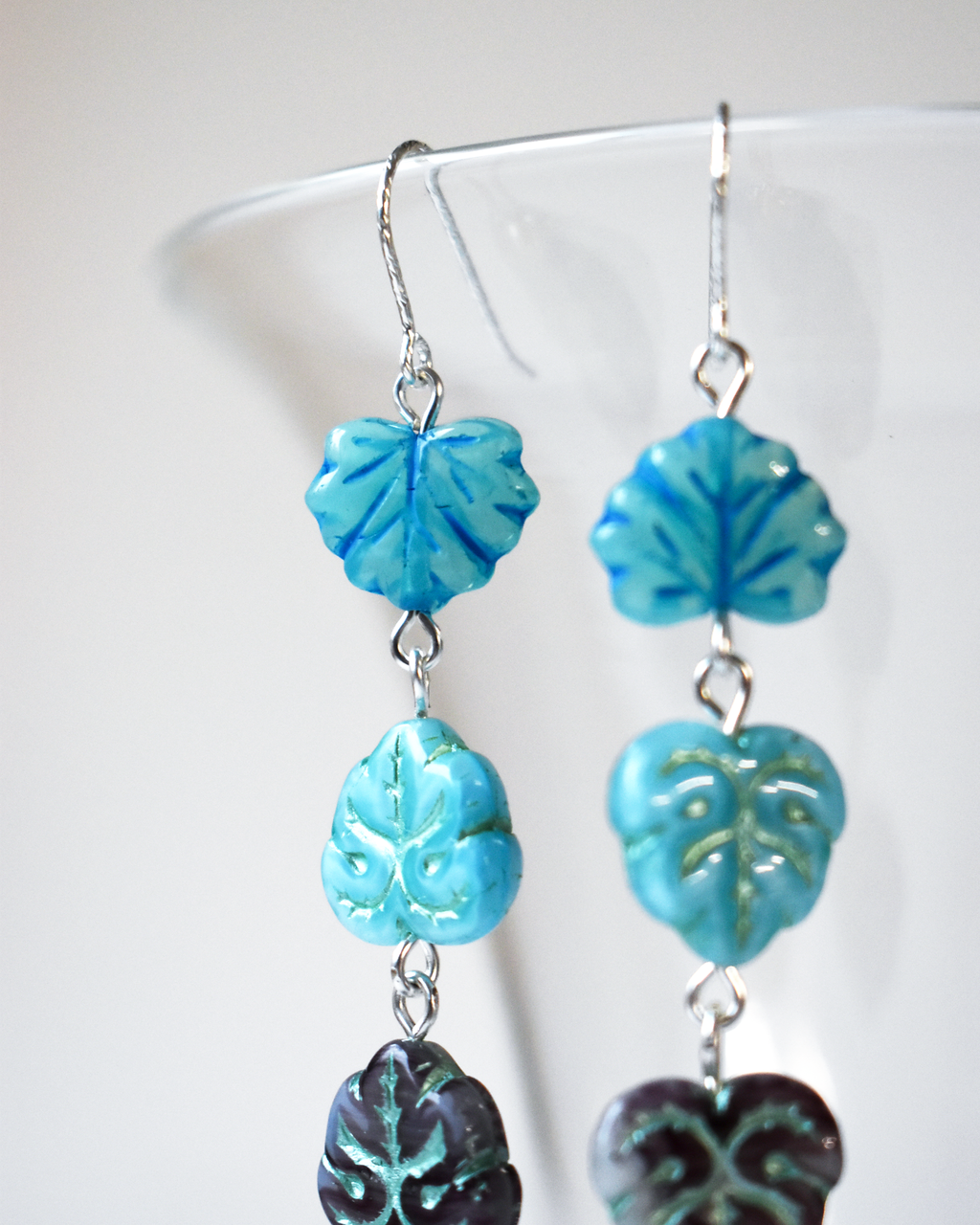Blue Shimmer Pressed Glass Leaf Earrings