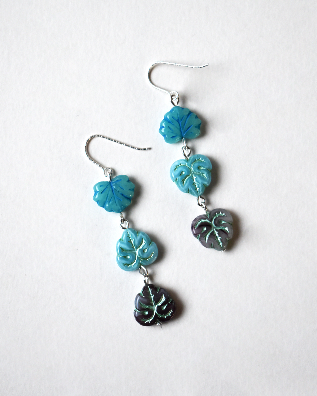 Blue Shimmer Pressed Glass Leaf Earrings
