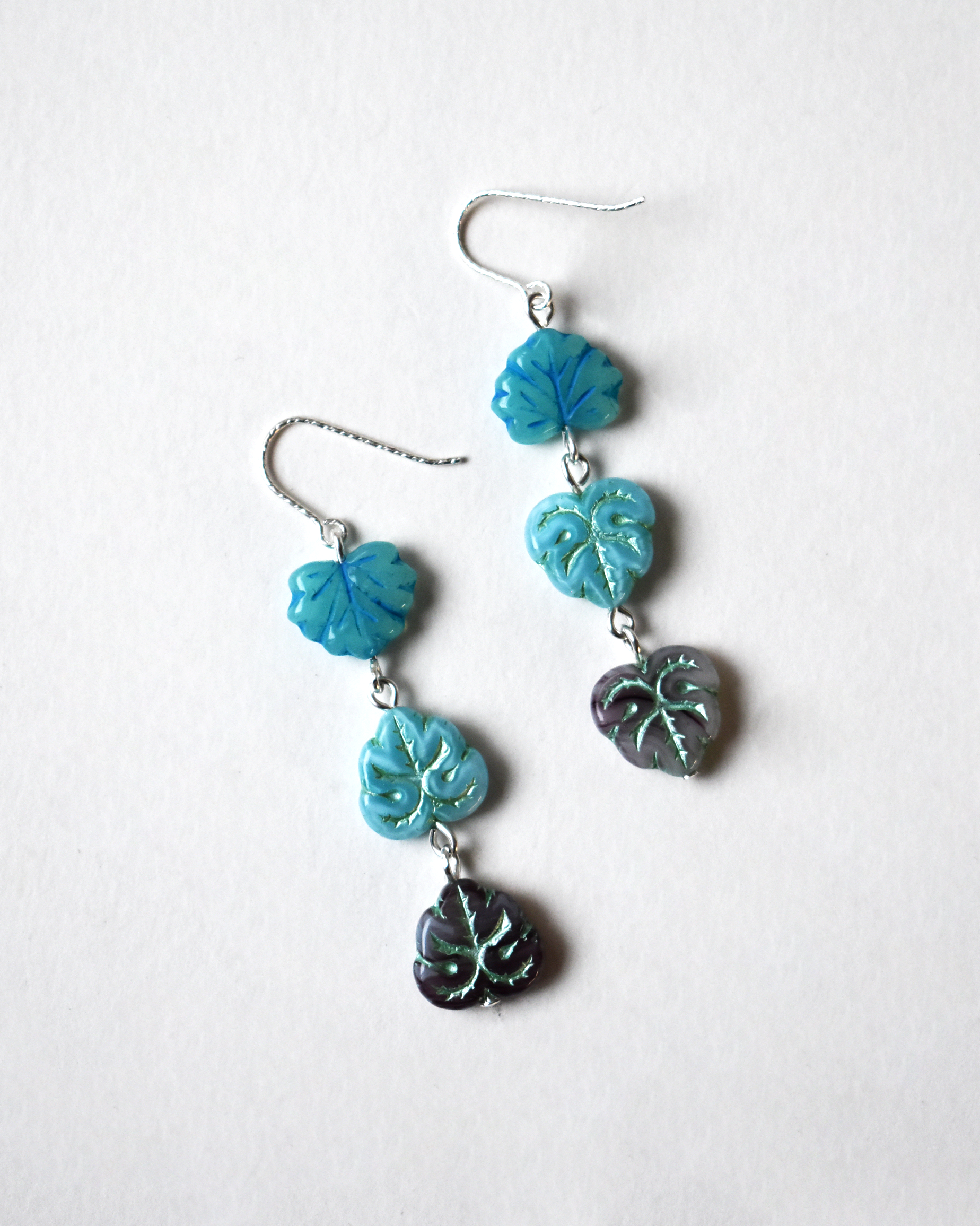 Blue Shimmer Pressed Glass Leaf Earrings