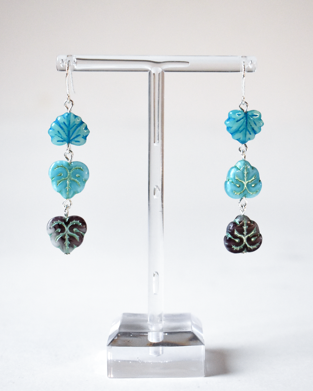 Blue Shimmer Pressed Glass Leaf Earrings