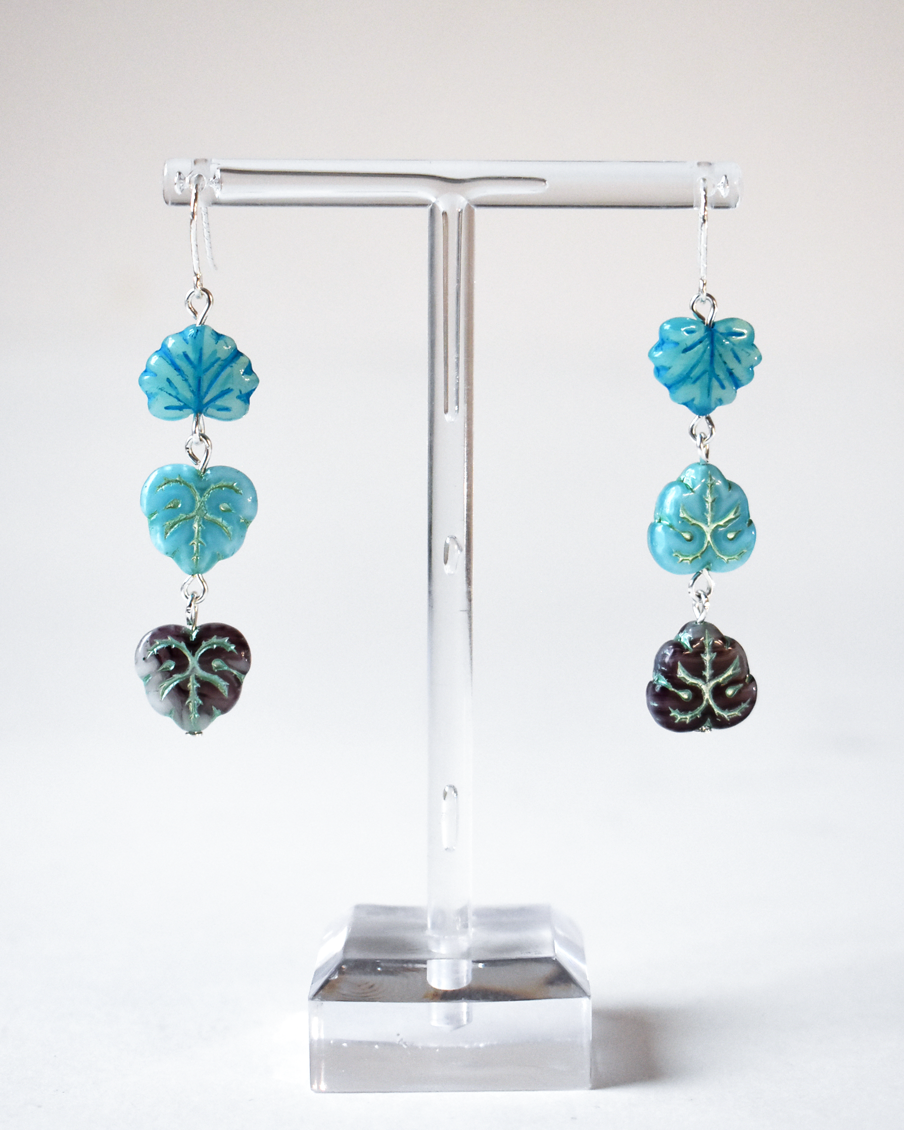 Blue Shimmer Pressed Glass Leaf Earrings