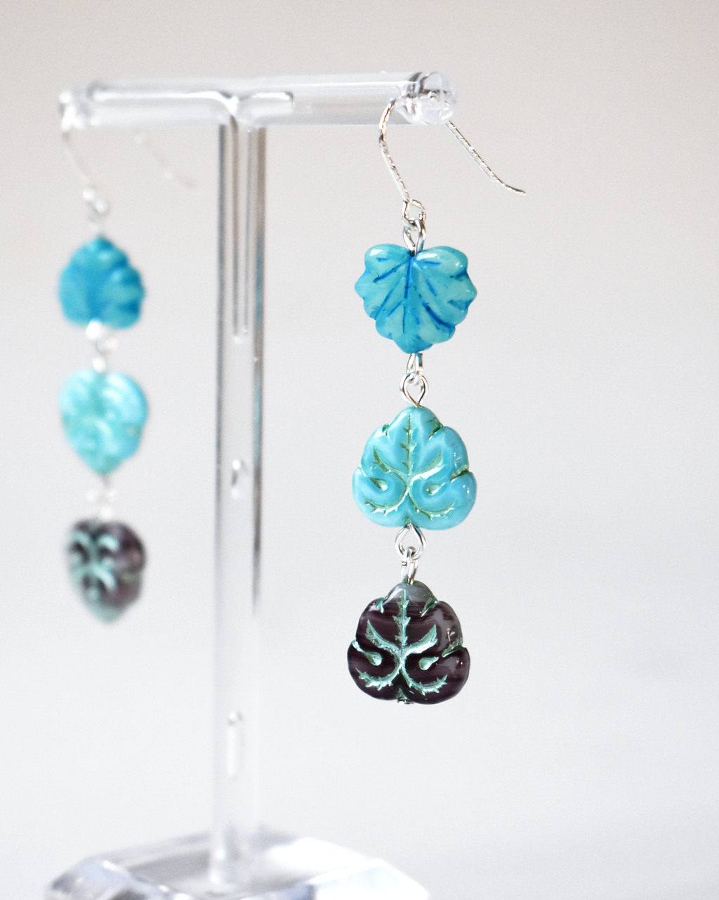 Blue Shimmer Pressed Glass Leaf Earrings