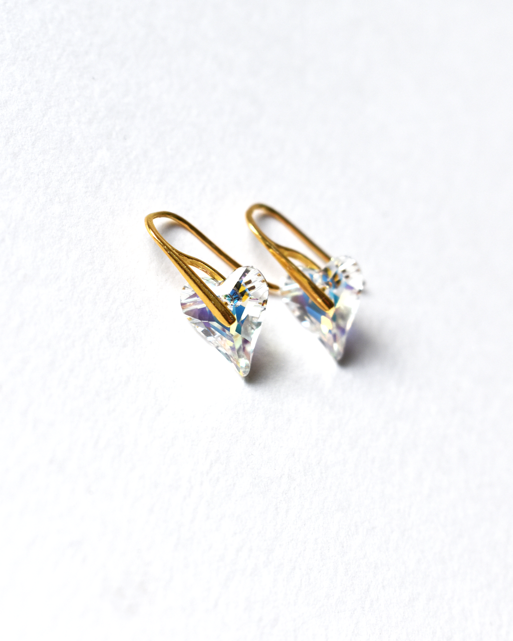Iridescent Crystal Heart Gold Earrings