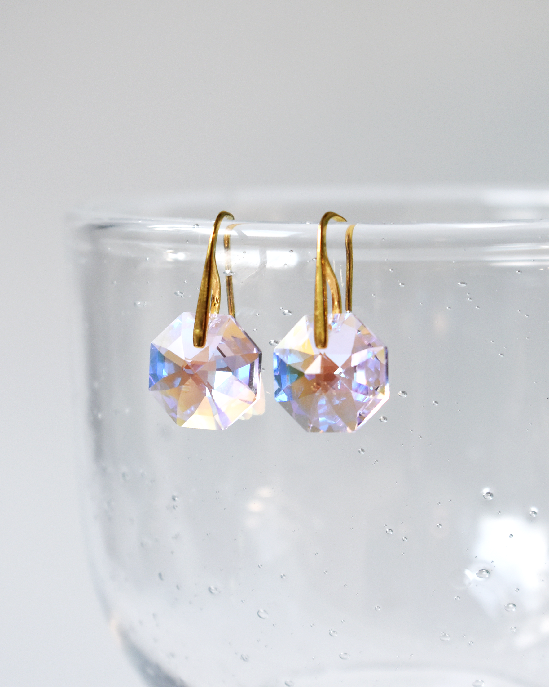 Iridescent Pink Octagon Crystal Gold Earrings