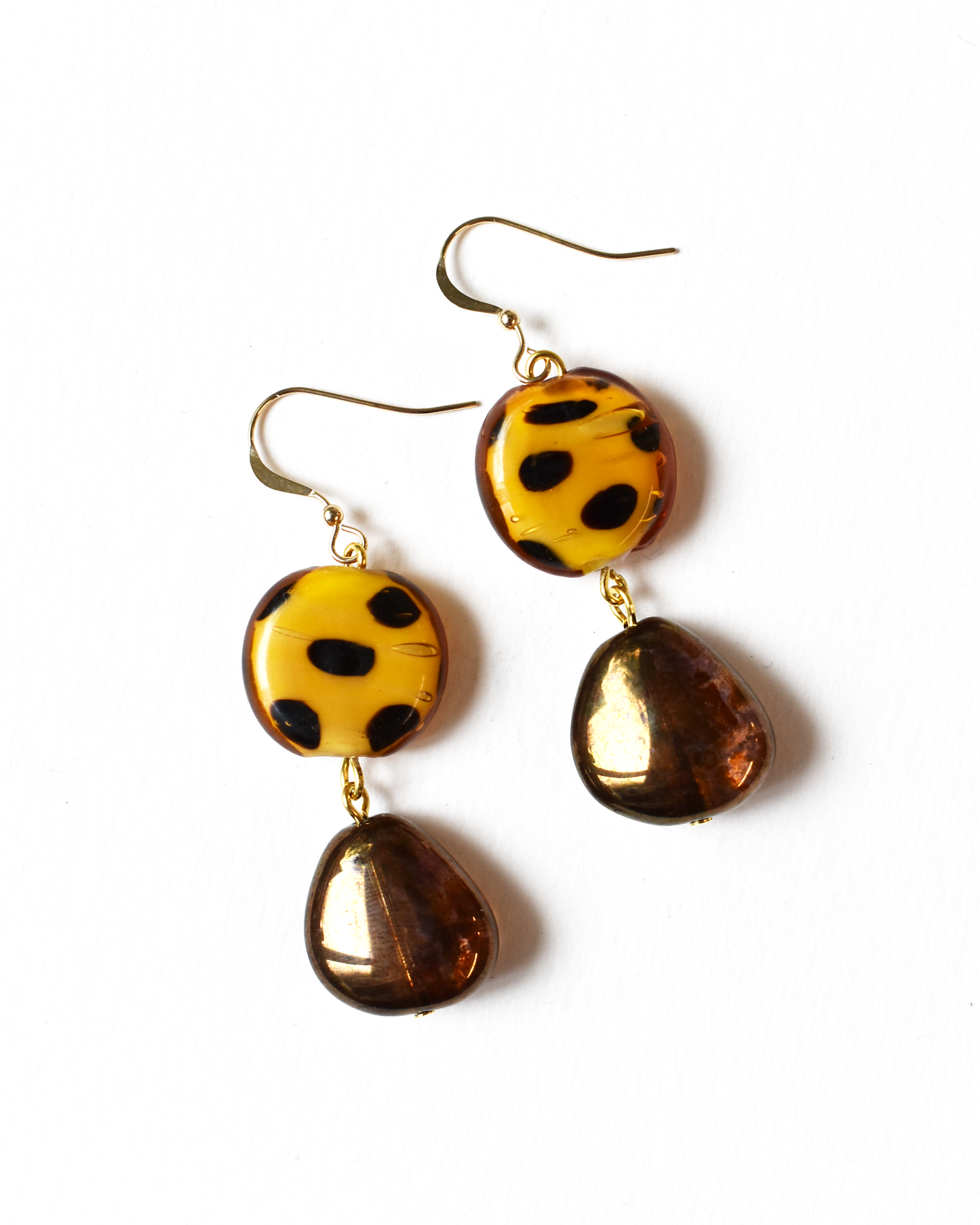 Spotty Blown Amber Bead Hook Earrings