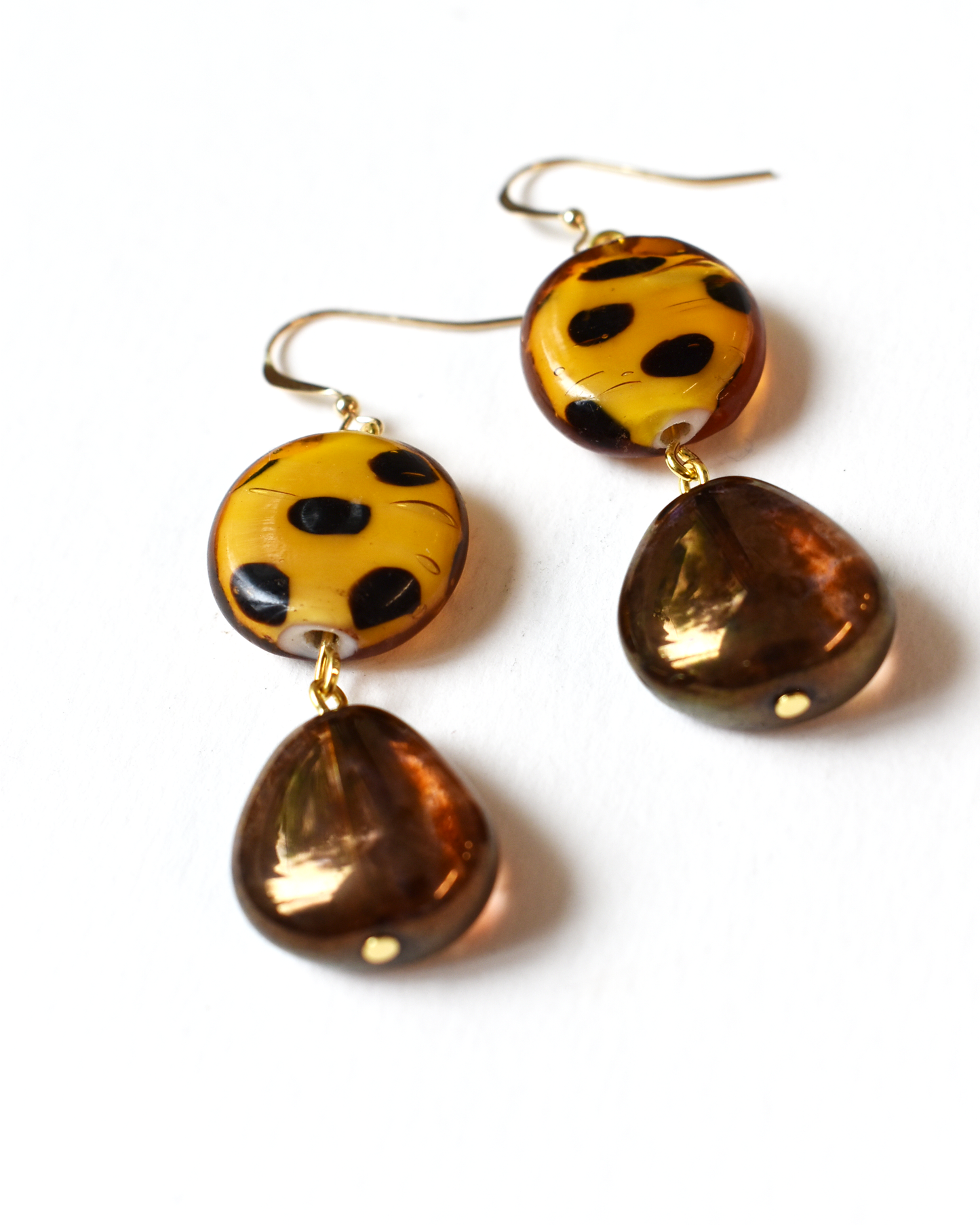 Spotty Blown Amber Bead Hook Earrings