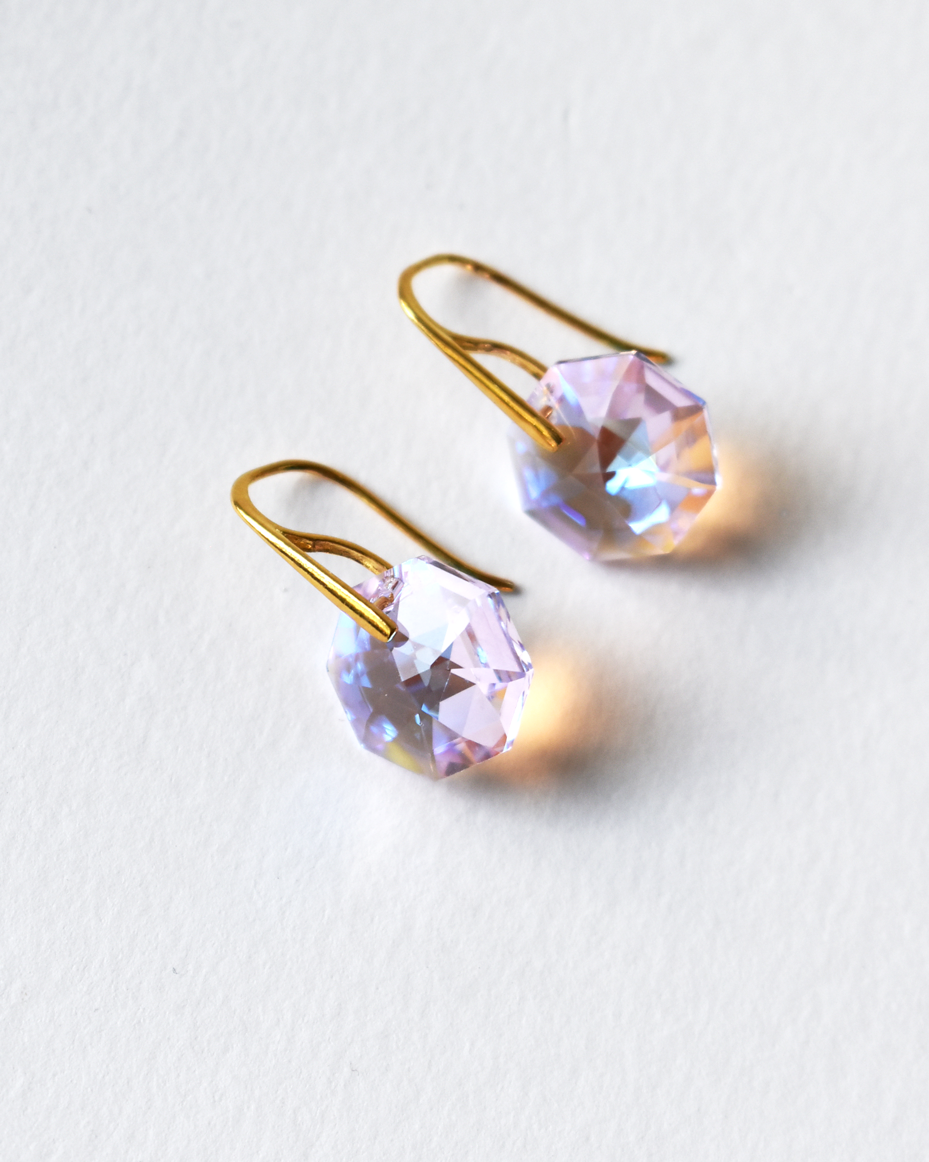 Iridescent Pink Octagon Crystal Gold Earrings