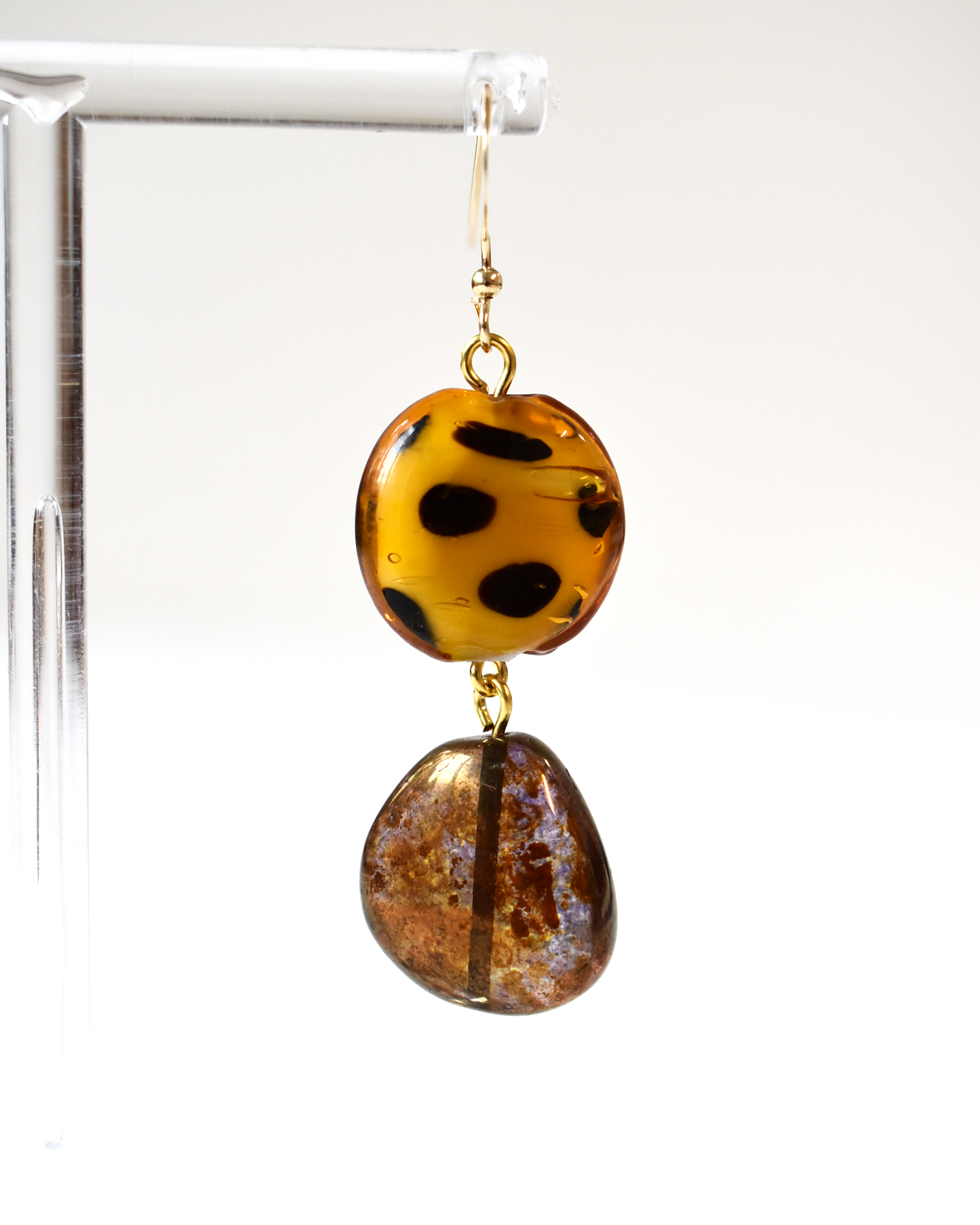 Spotty Blown Amber Bead Hook Earrings