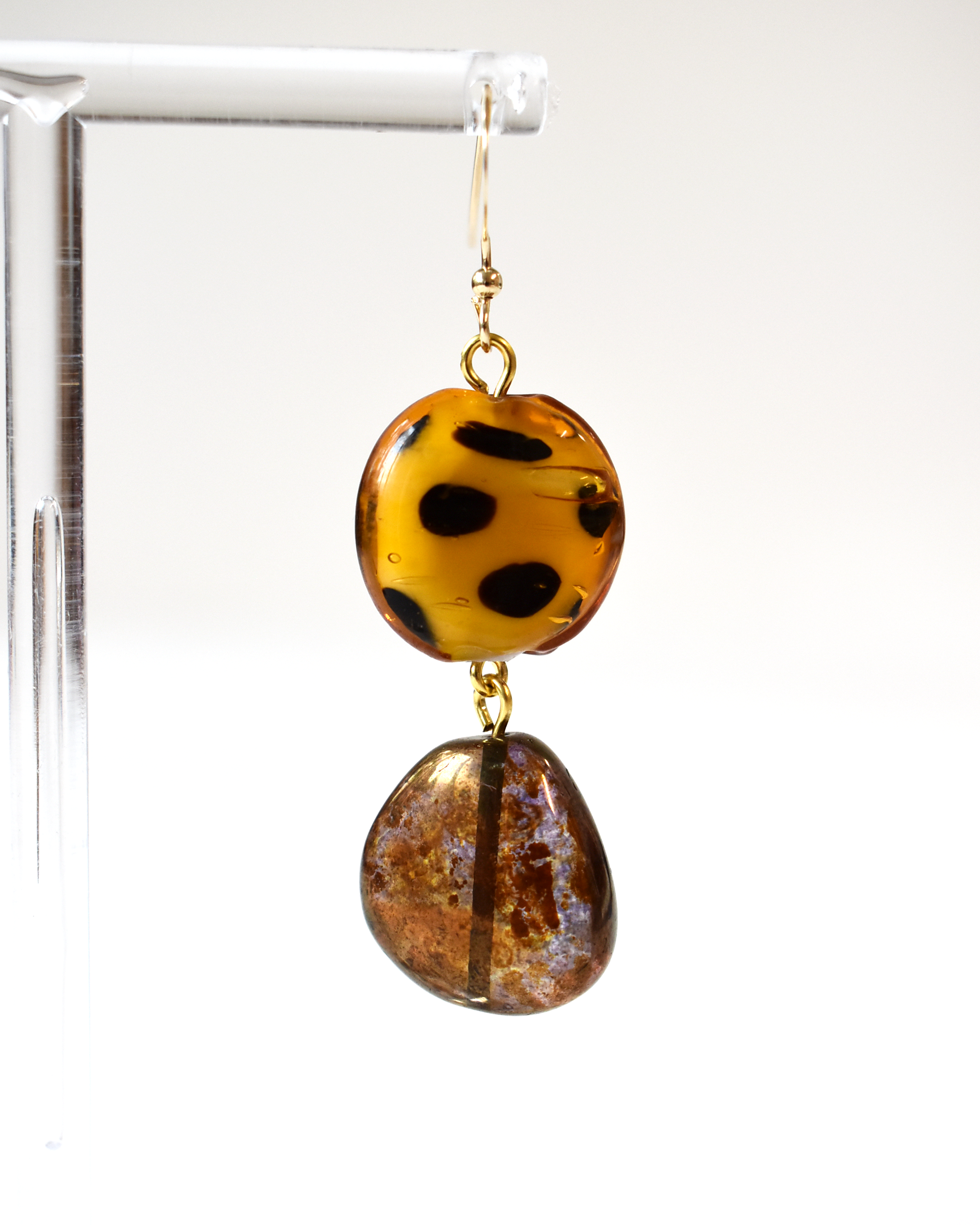 Spotty Blown Amber Bead Hook Earrings