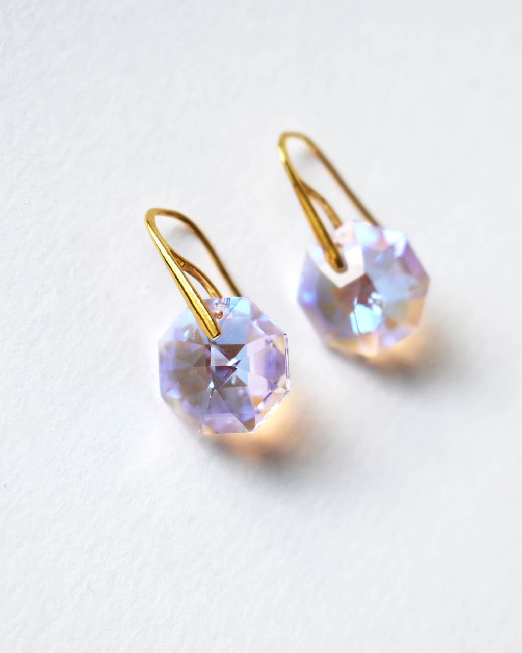 Iridescent Pink Octagon Crystal Gold Earrings