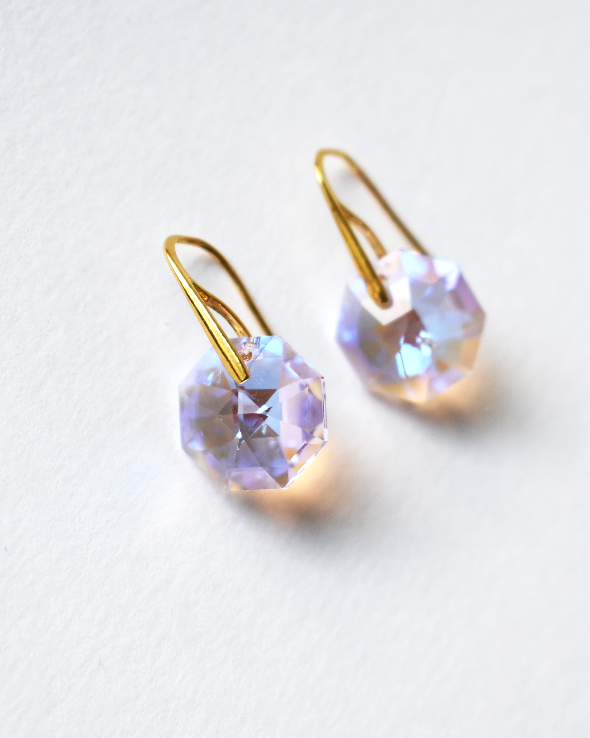 Iridescent Pink Octagon Crystal Gold Earrings