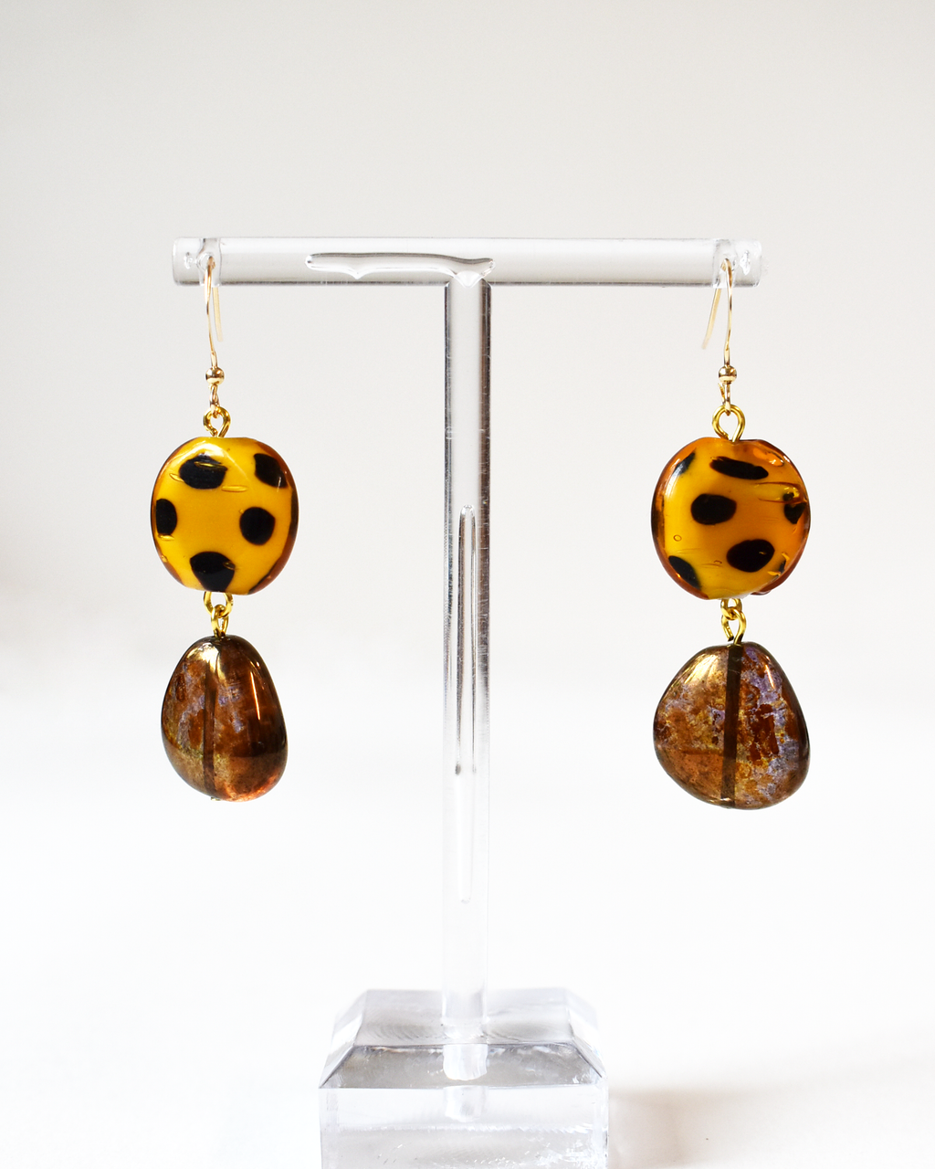 Spotty Blown Amber Bead Hook Earrings