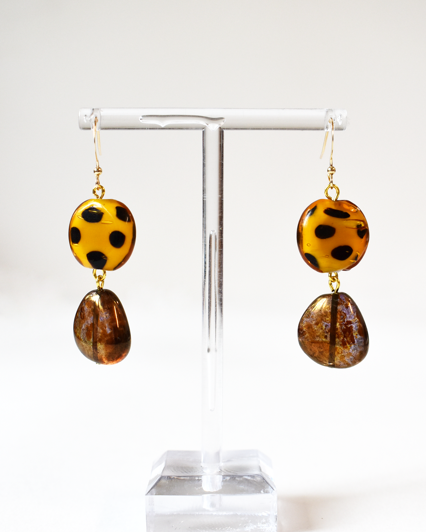 Spotty Blown Amber Bead Hook Earrings
