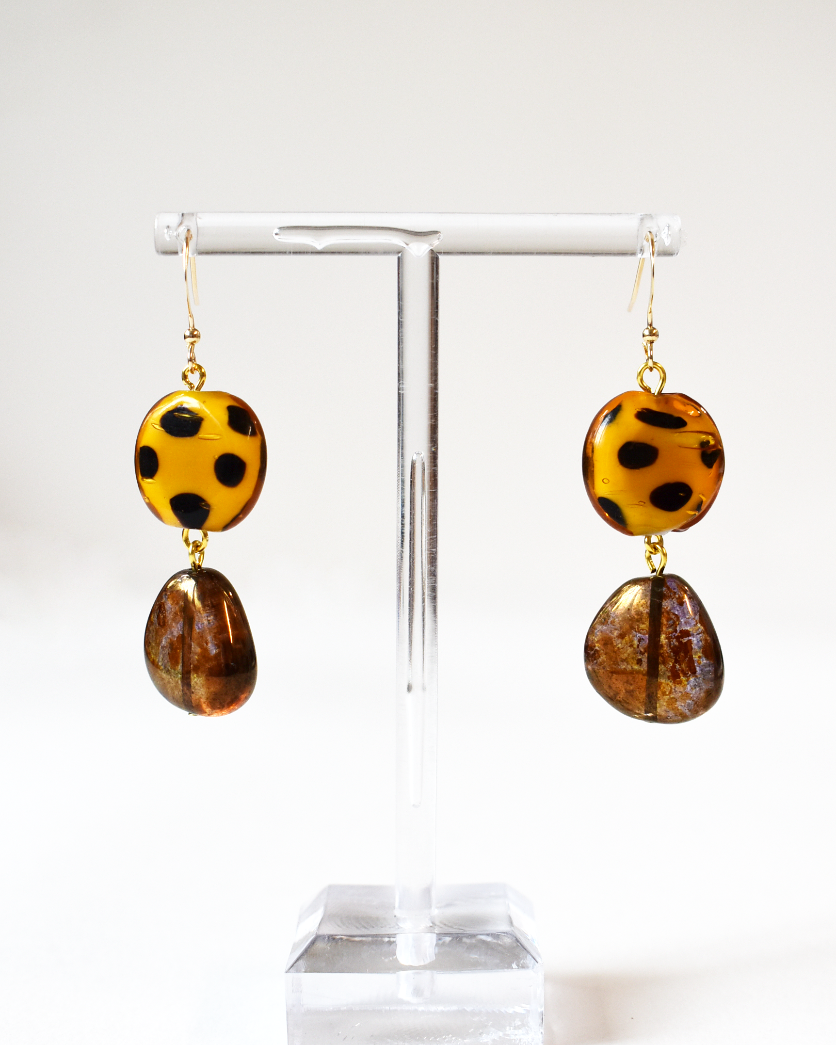 Spotty Blown Amber Bead Hook Earrings