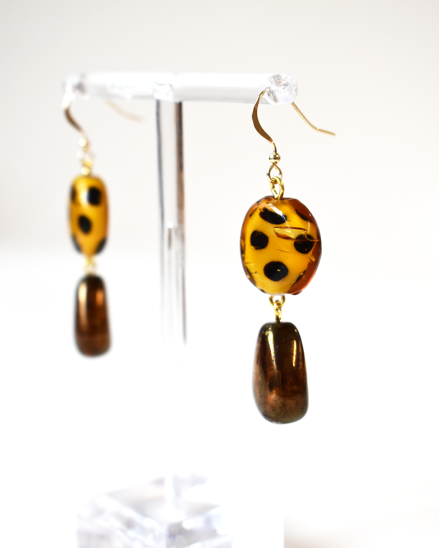 Spotty Blown Amber Bead Hook Earrings