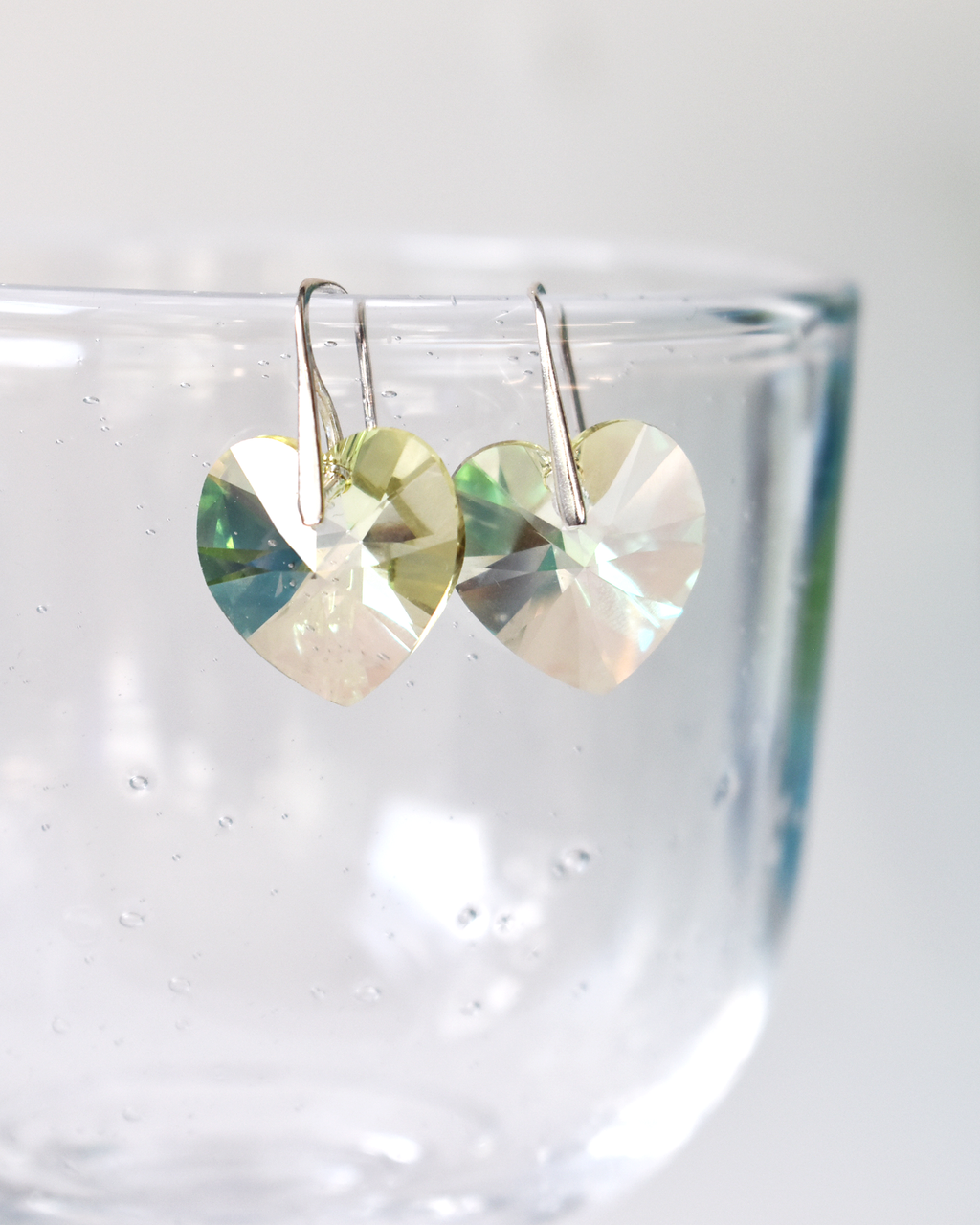 Iridescent Pale Green Champagne Crystal Heart Earrings