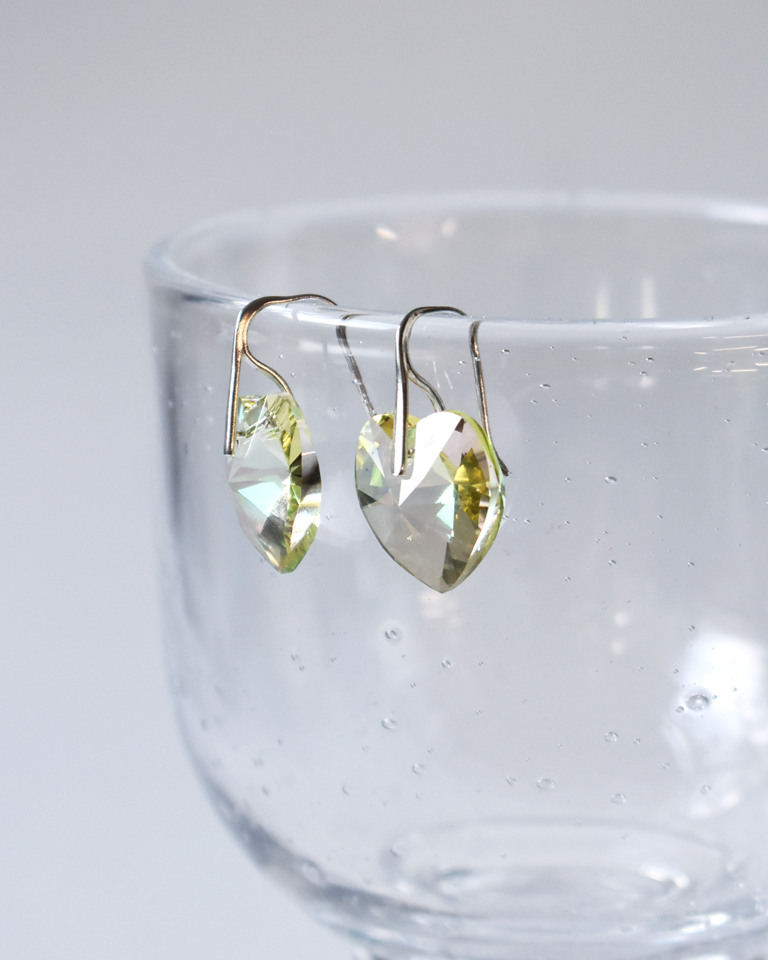 Iridescent Pale Green Champagne Crystal Heart Earrings