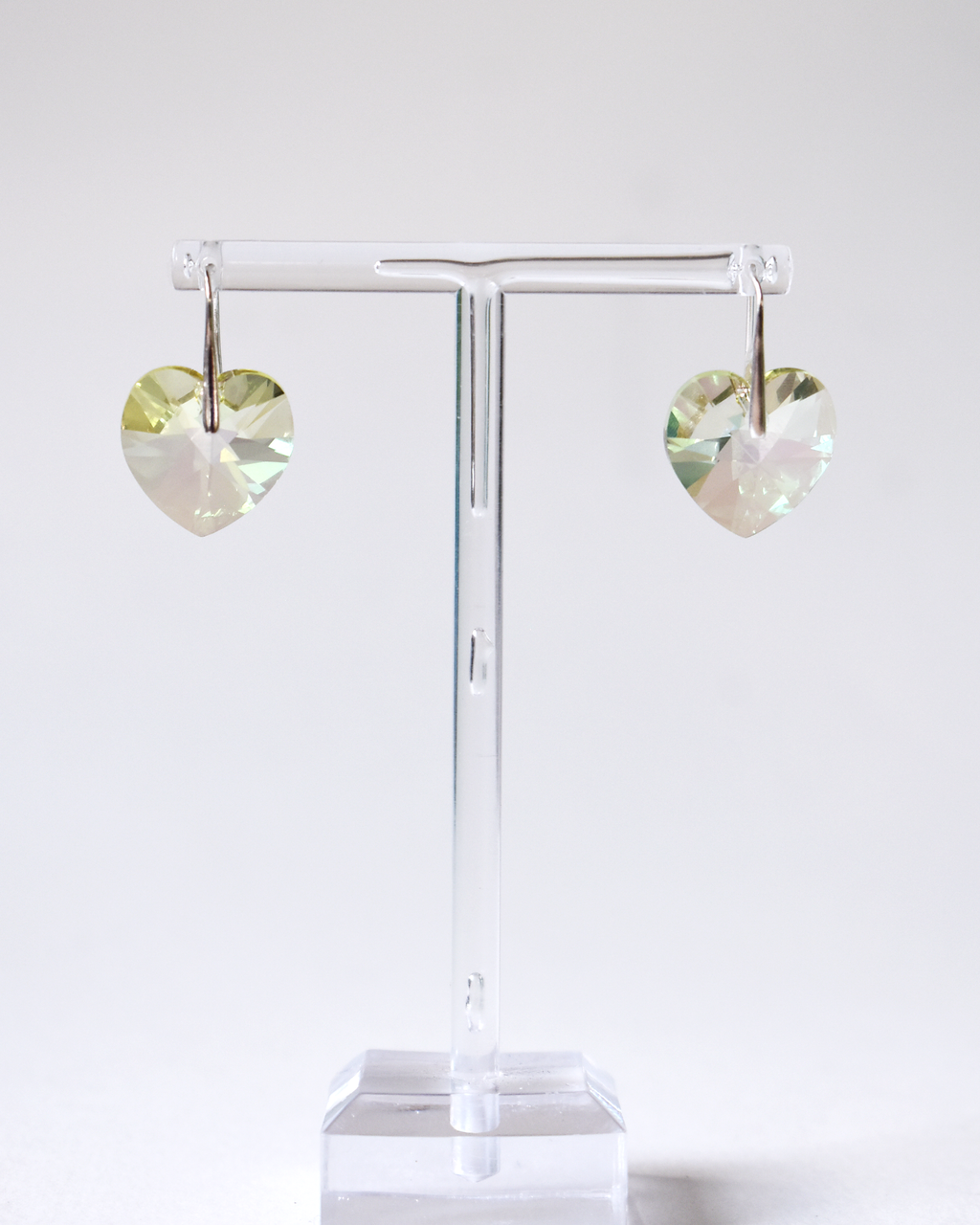 Iridescent Pale Green Champagne Crystal Heart Earrings