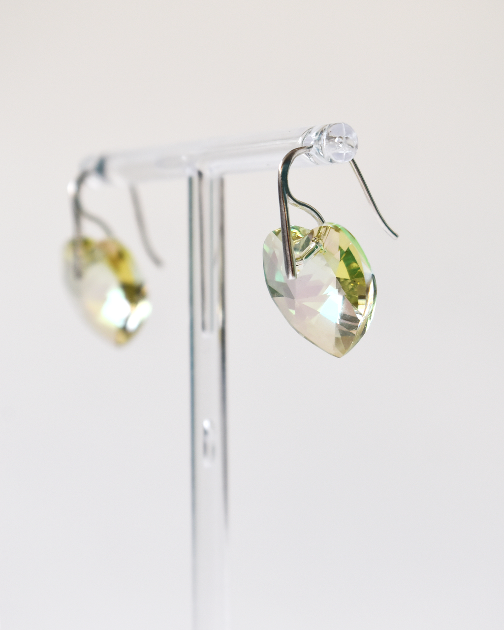 Iridescent Pale Green Champagne Crystal Heart Earrings