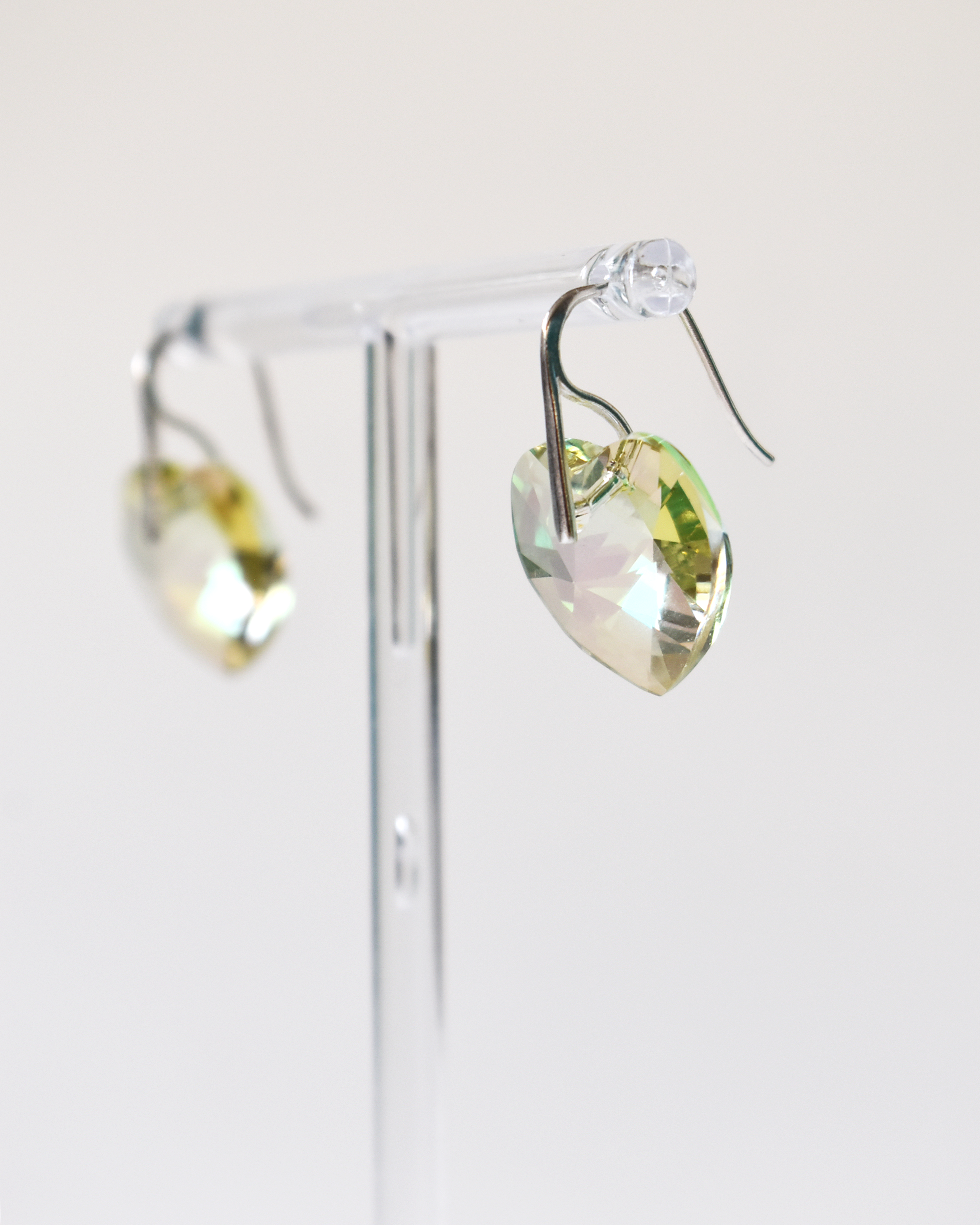 Iridescent Pale Green Champagne Crystal Heart Earrings