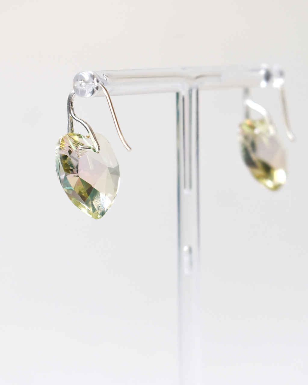Iridescent Pale Green Champagne Crystal Heart Earrings