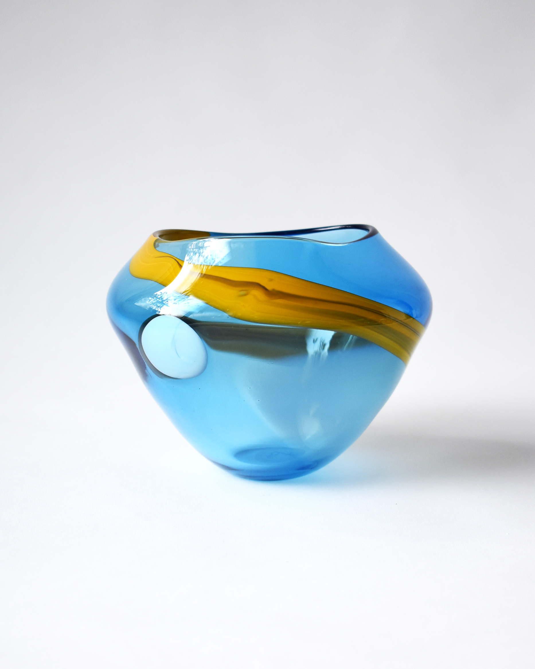 Blue & Amber Abstract Blown Glass Bowl