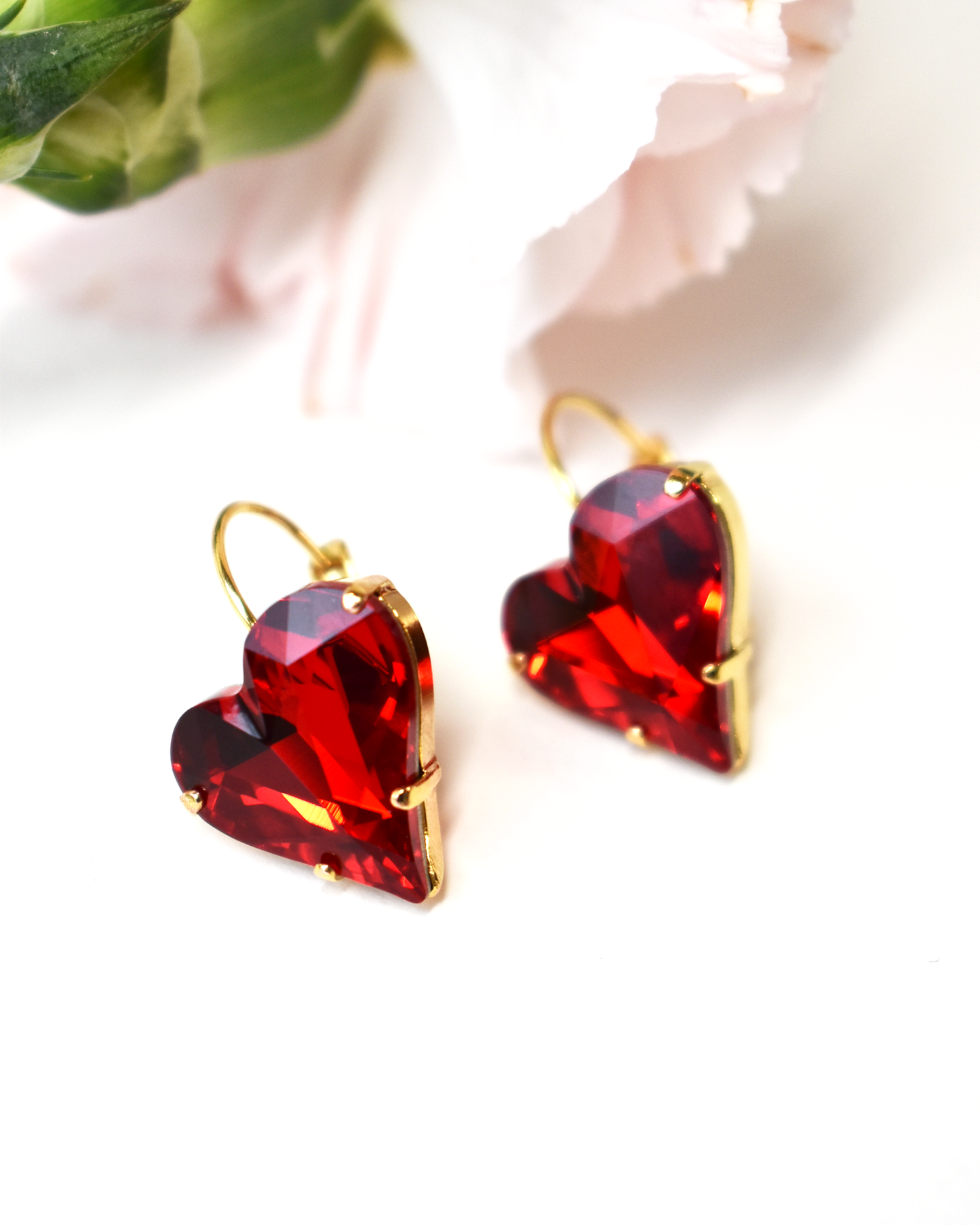 Ruby Red Crystal Heart Hook Earrings