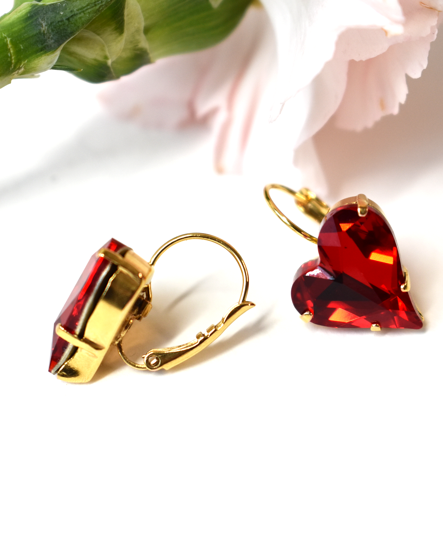 Ruby Red Crystal Heart Hook Earrings