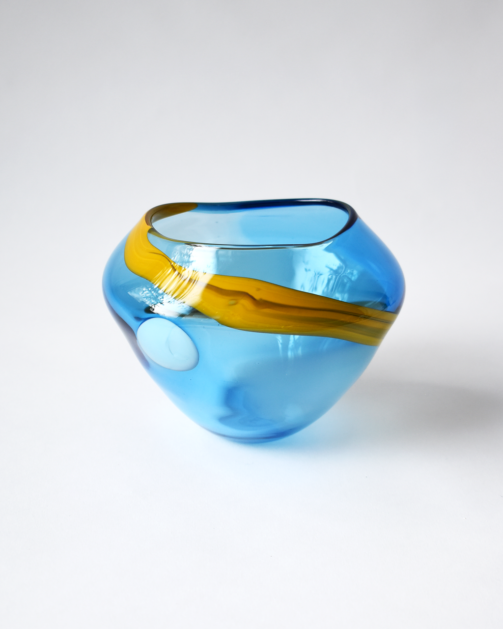 Blue & Amber Abstract Blown Glass Bowl