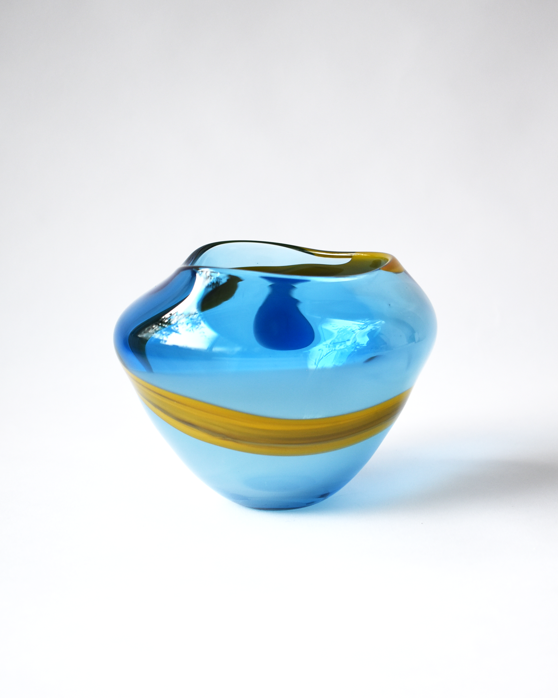 Blue & Amber Abstract Blown Glass Bowl