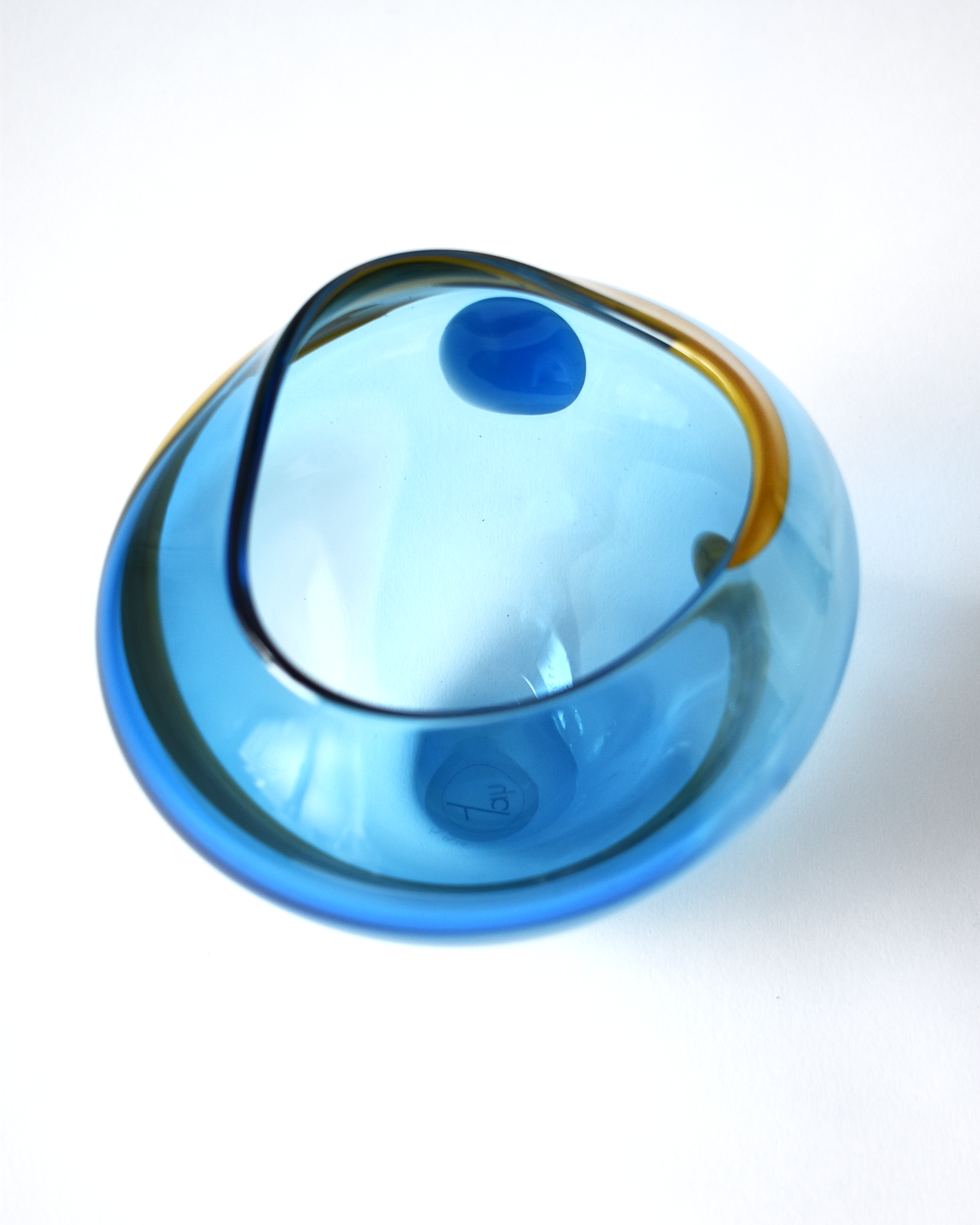 Blue & Amber Abstract Blown Glass Bowl