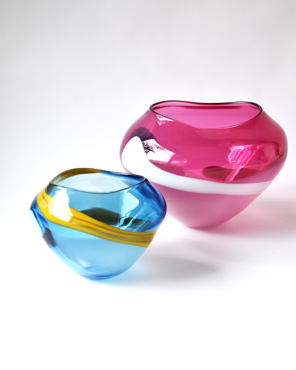 Pink, White & Blue Abstract Blown Glass Bowl