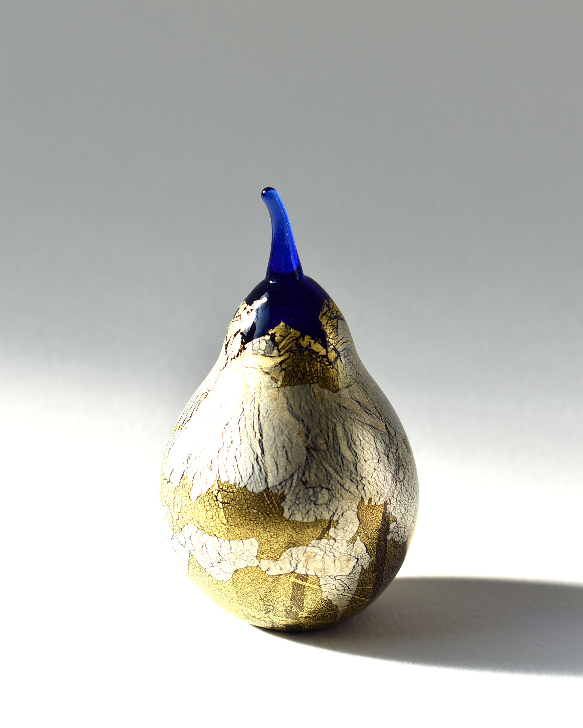 Gold & Silver Leaf Blue Blown Glass Pear (L)