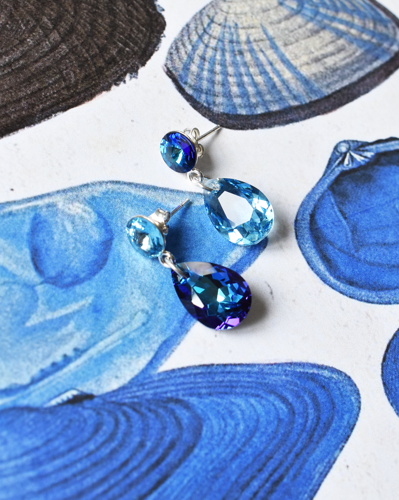 Mismatched Blue Crystal Drop Earrings