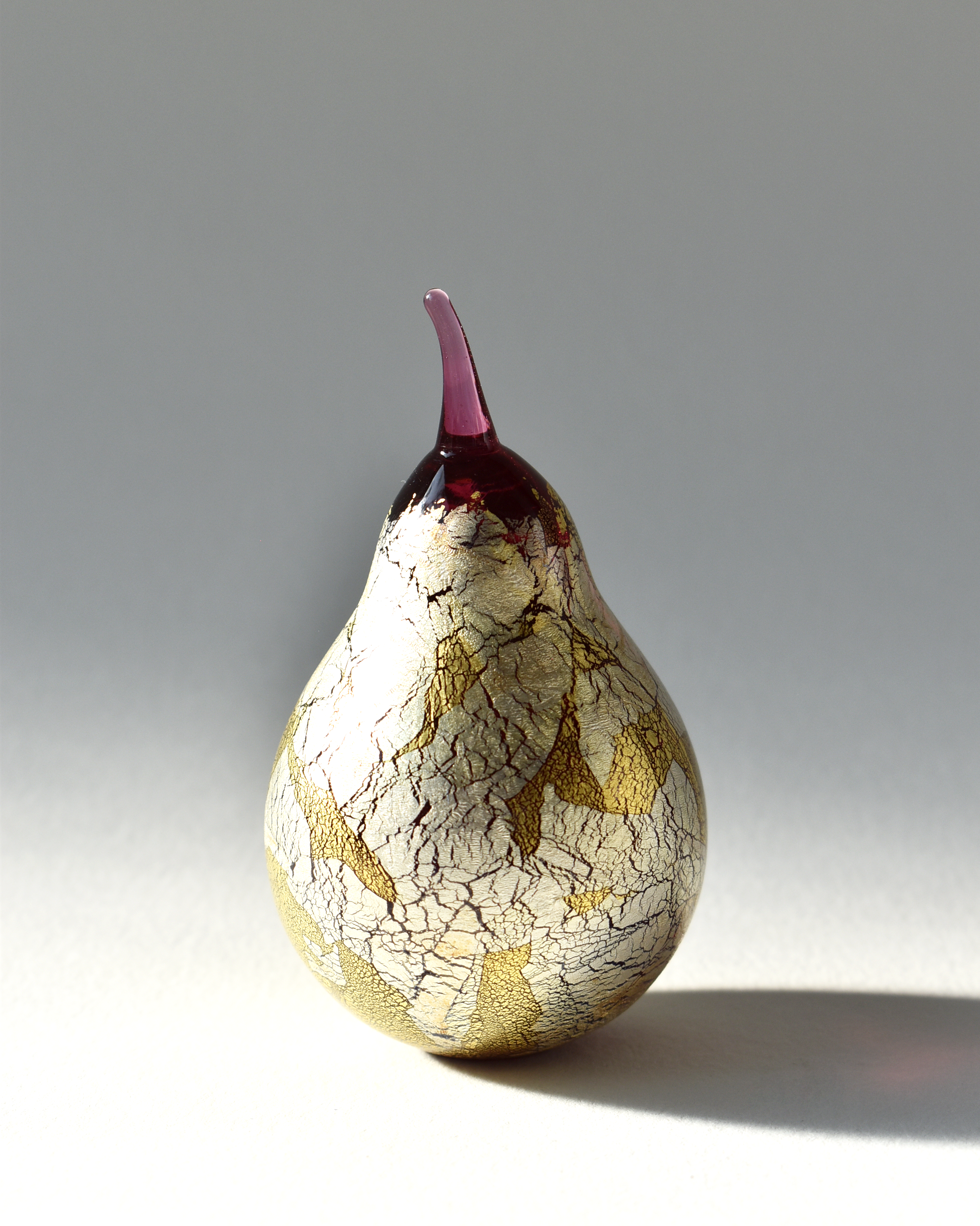 Gold & Silver Leaf Cranberry Blown Glass Pear (L)