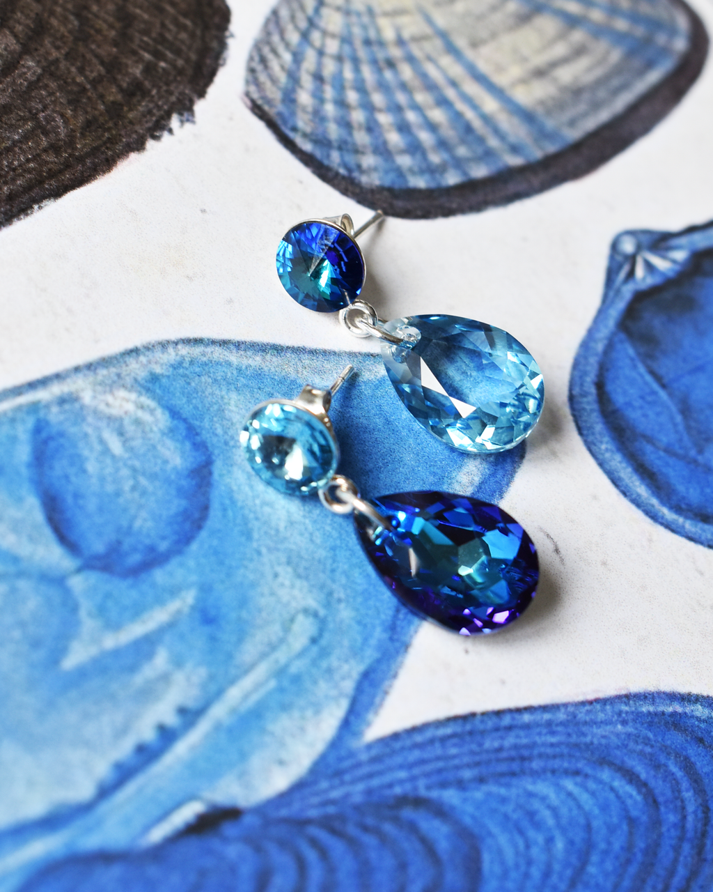 Mismatched Blue Crystal Drop Earrings