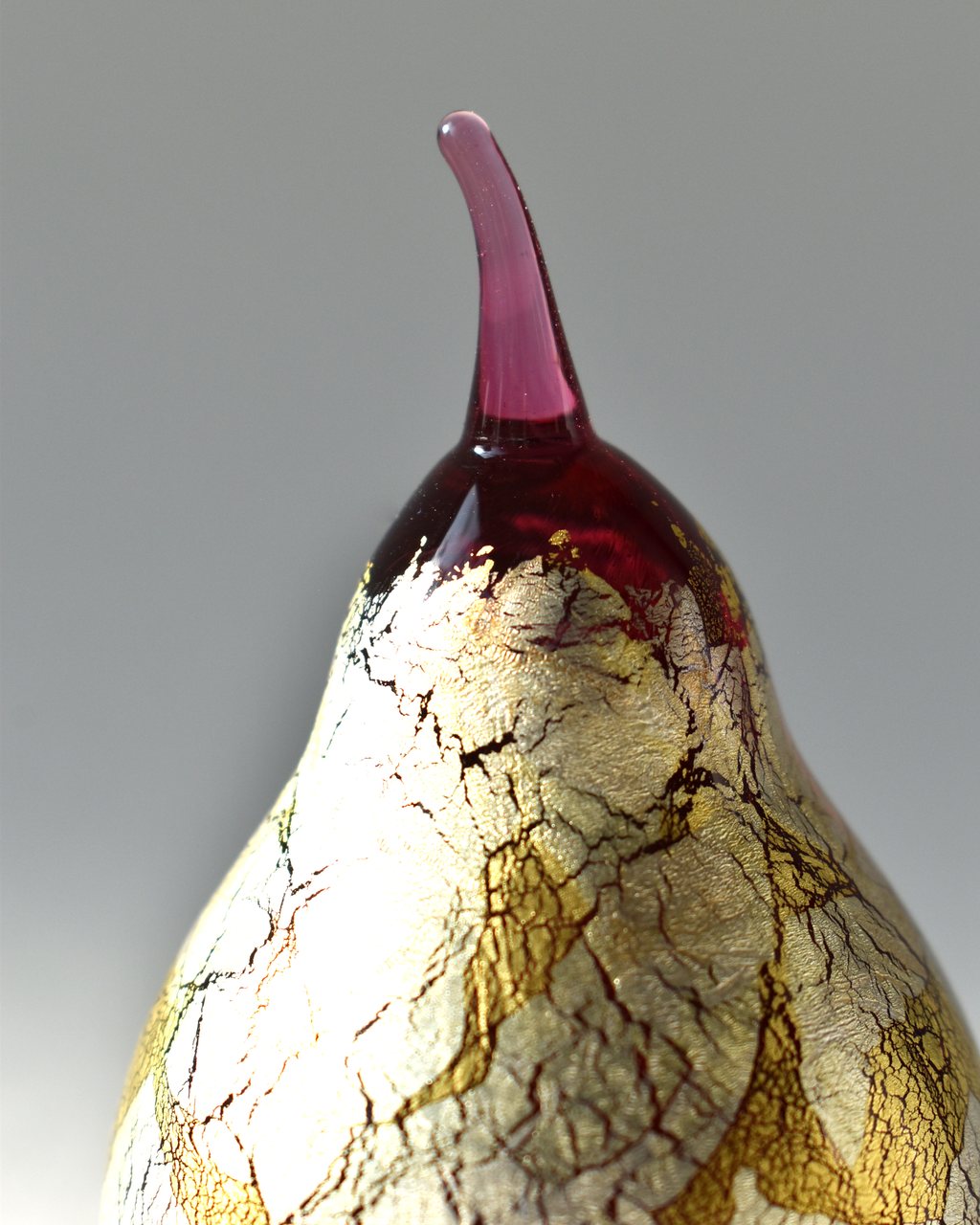 Gold & Silver Leaf Cranberry Blown Glass Pear (L)