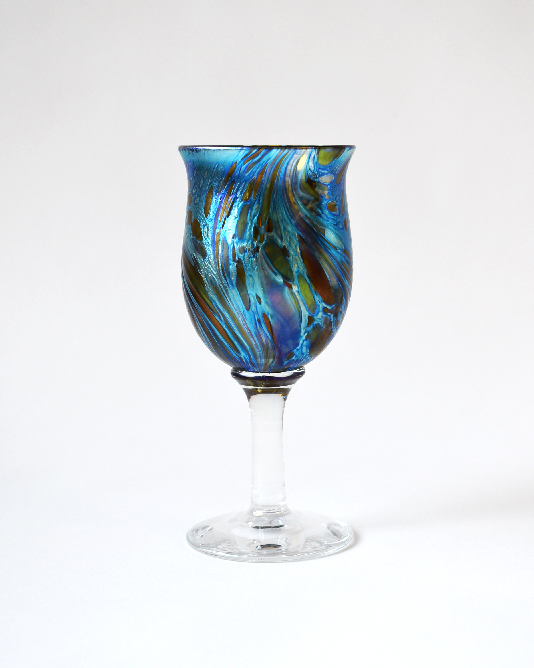 Blue Iridescent Swirl Blown Glass Wine Goblet