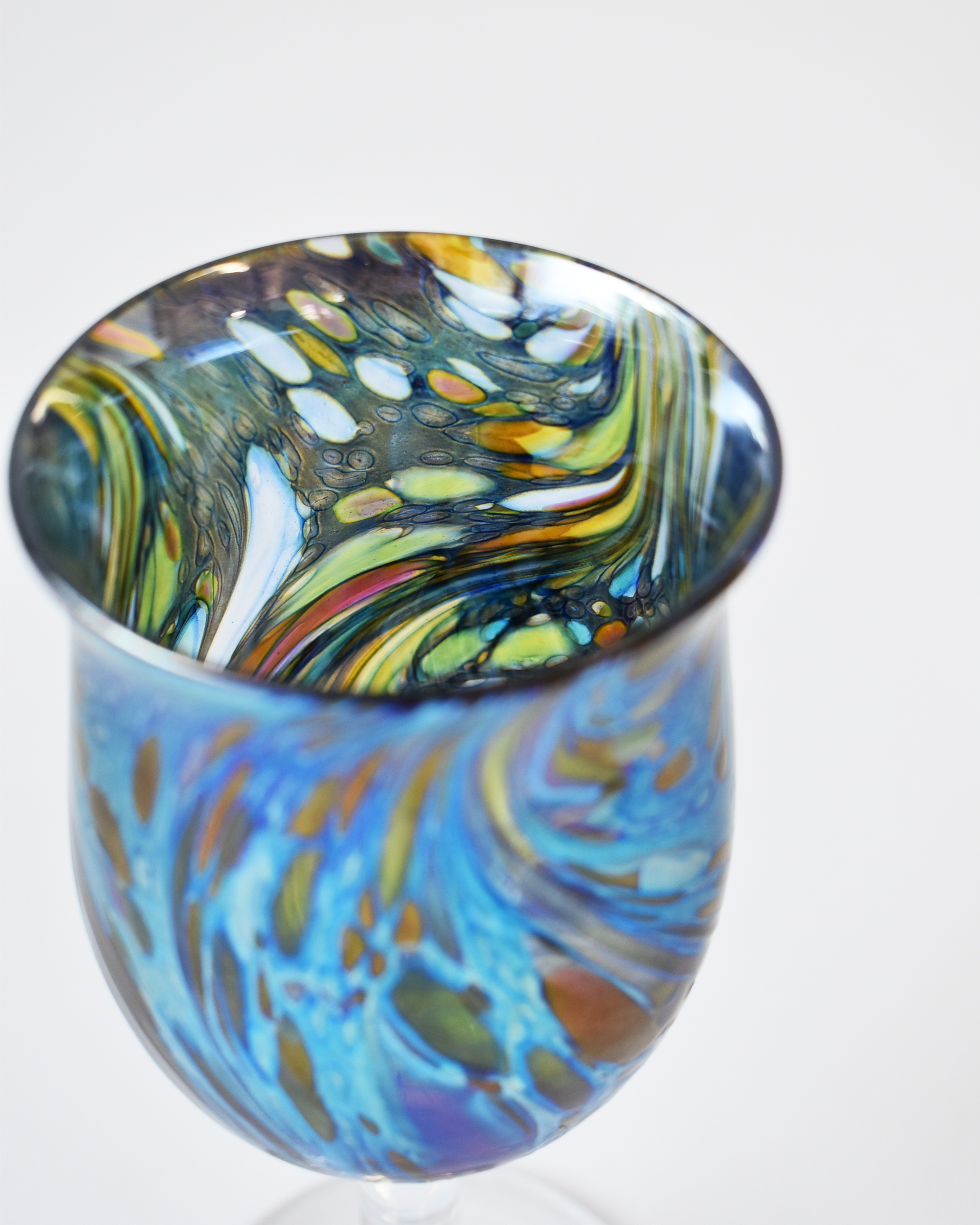 Blue Iridescent Swirl Blown Glass Wine Goblet