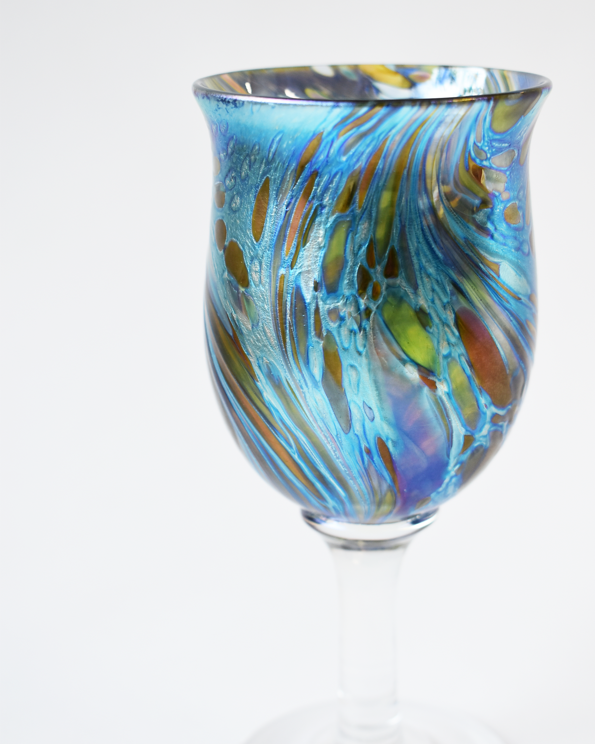 Blue Iridescent Swirl Blown Glass Wine Goblet