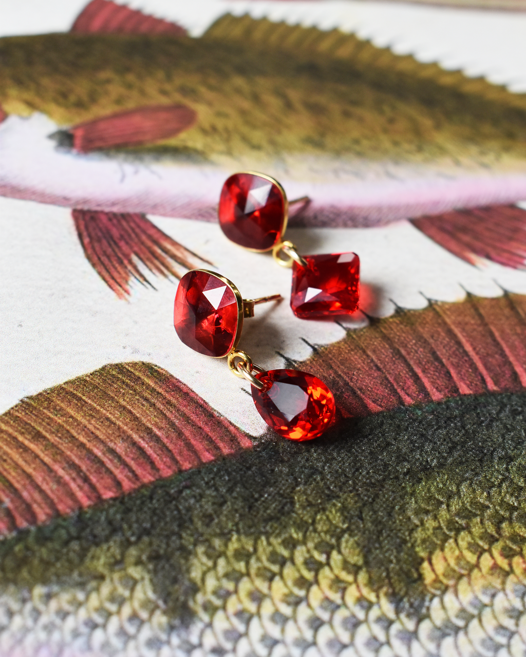Red Crystal Mismatched Drop Earrings